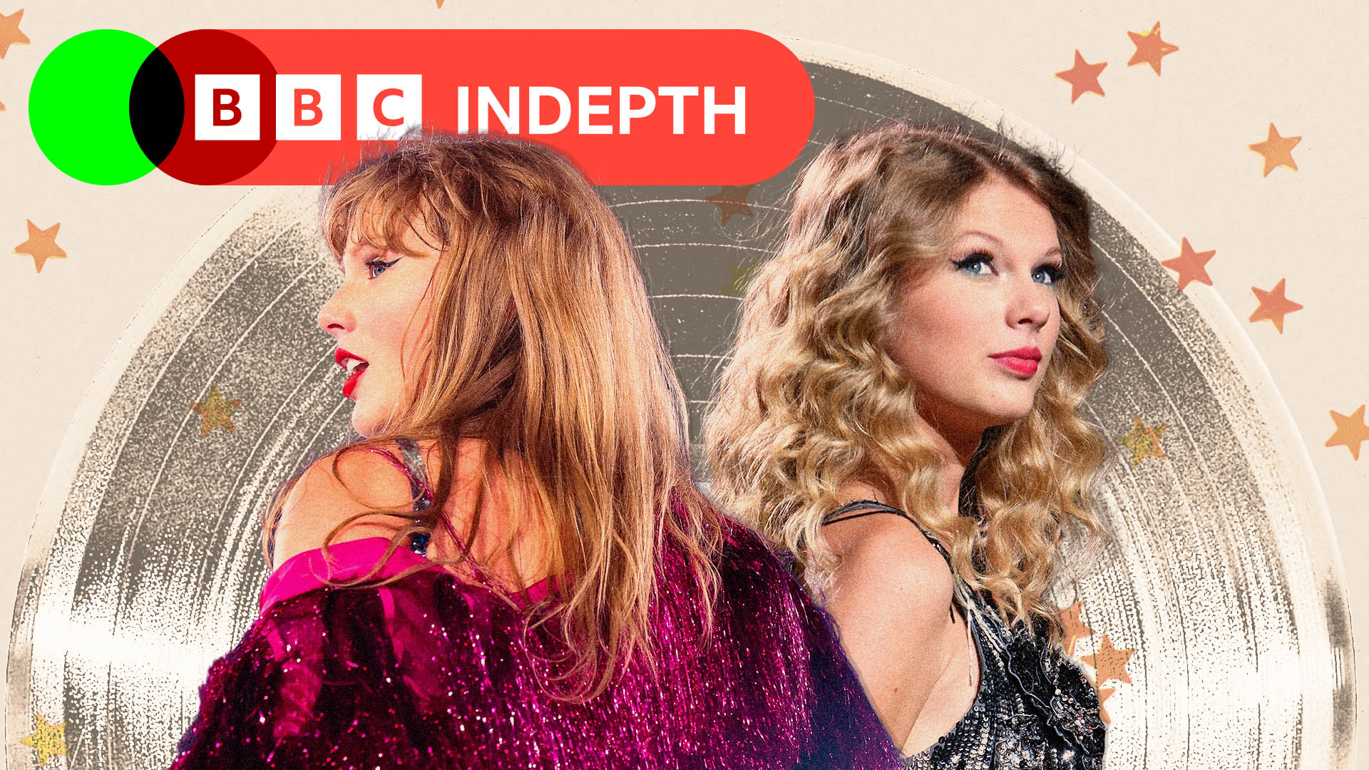 Treated image showing two images of Taylor Swift against a background of a gold record branded BBC InDepth. In one Swift, wearing a pink sparkly top has her back to the camera and is facing left, in the other she is seen side on from the right, wearing a black sleeveless top with sequins, facing slightly towards the camera