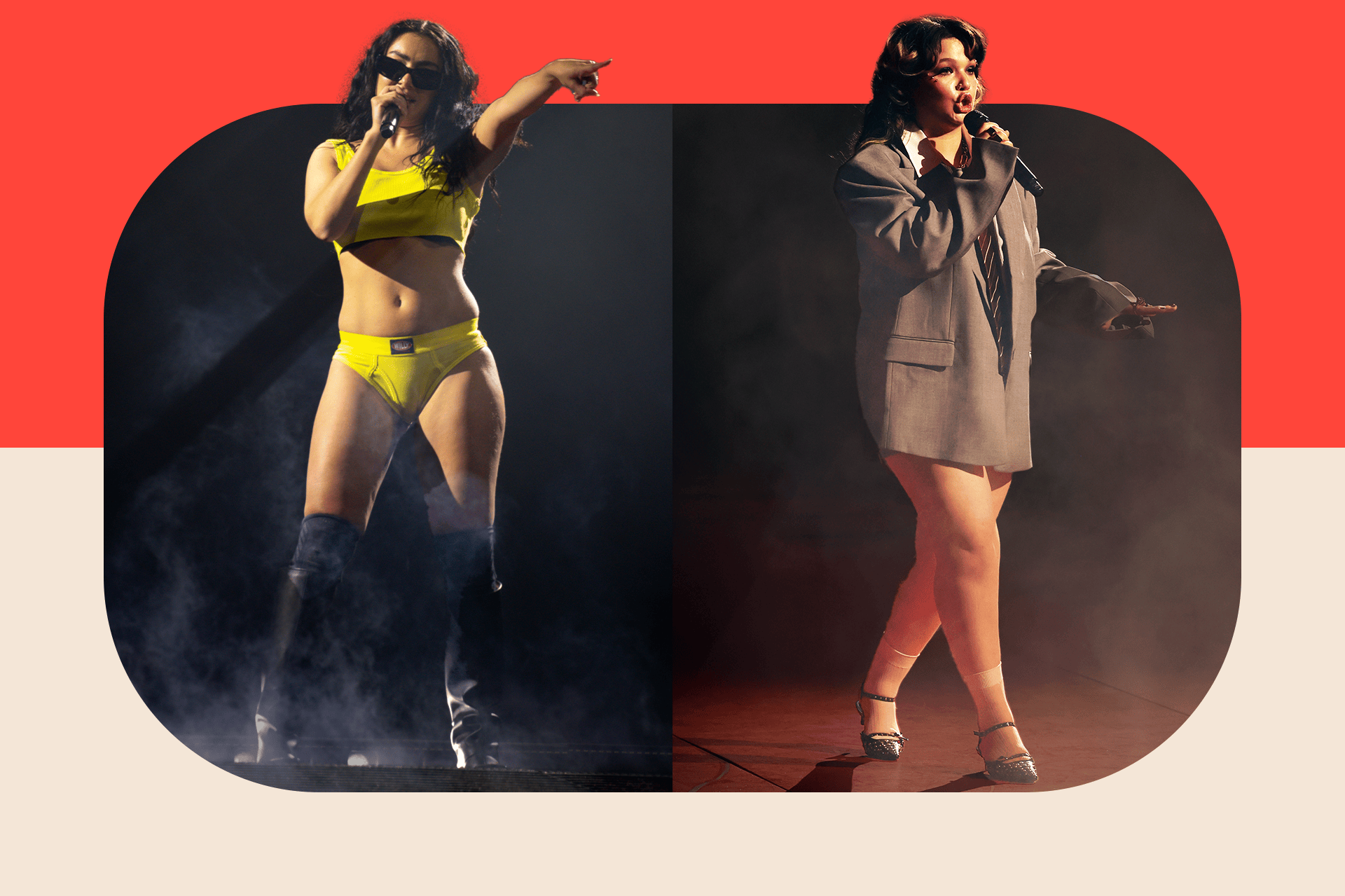 Photo shows singers Charli XCX, on the left, and Lola Young, on the right, performing in different occasions. Charli XCX wears a neon yellow top and underpants, sunglasses and knee-high black boots. Lola Young wears an oversized gray blazer, white shirt and tie with white socks and Mary Jane shoes