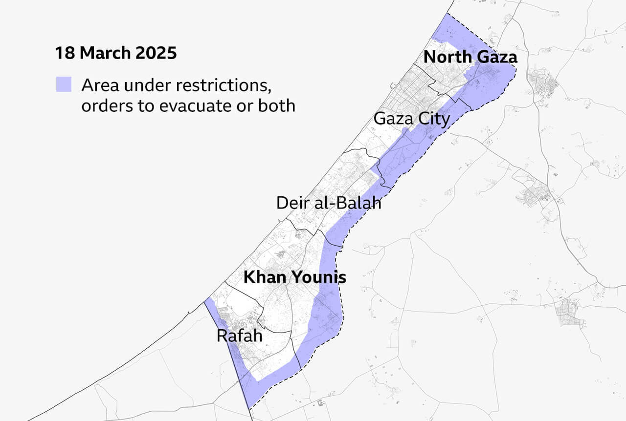 Map of Gaza Strip dated 18 March 2025, showing areas under restriction and evacuation orders. Cities marked include North Gaza, Gaza City, Deir al-Balah, Khan Younis, and Rafah. Purple indicates areas covered by restrictions or orders to evacuate along the border with Israel and Egypt.