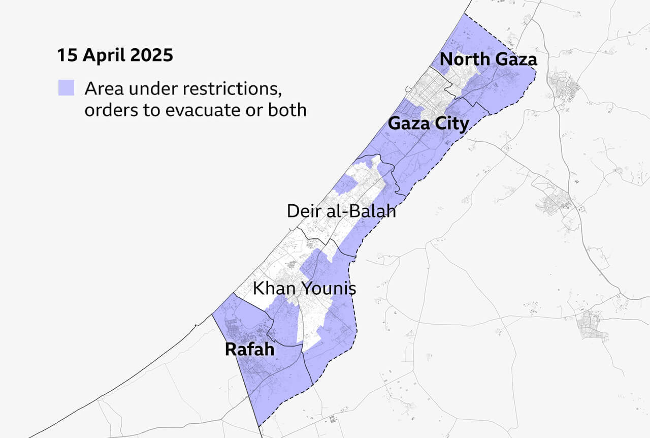 Map of Gaza Strip dated 15 April 2025, showing areas under restriction and evacuation orders in purple. The labels highlight the governorates of North Gaza, Gaza City in the north which are almost totally covered by the orders and Rafah in the south which is completely covered.