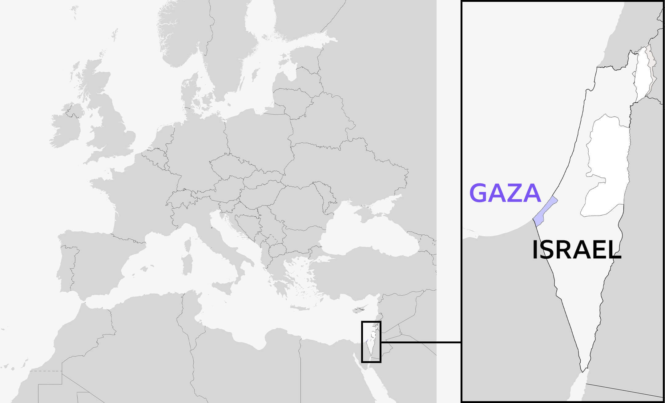 Mapa simples de localização mostrando Israel em relação ao Reino Unido e ao restante da Europa e norte da África. Detalhe de Israel mostra a Faixa de Gaza em destaque a sudoeste.