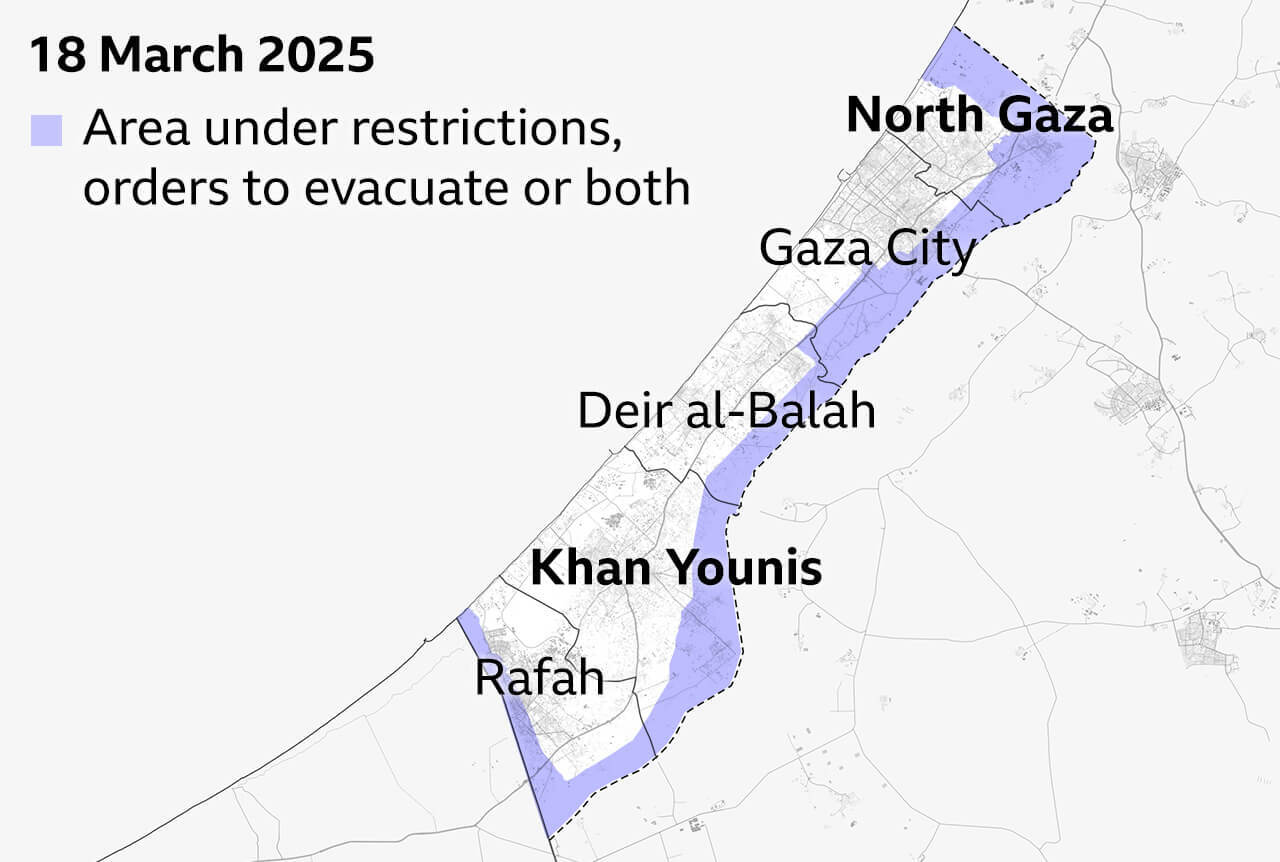 Map of Gaza Strip dated 18 March 2025, showing areas under restriction and evacuation orders. Cities marked include North Gaza, Gaza City, Deir al-Balah, Khan Younis, and Rafah. Purple indicates areas covered by restrictions or orders to evacuate along the border with Israel and Egypt.