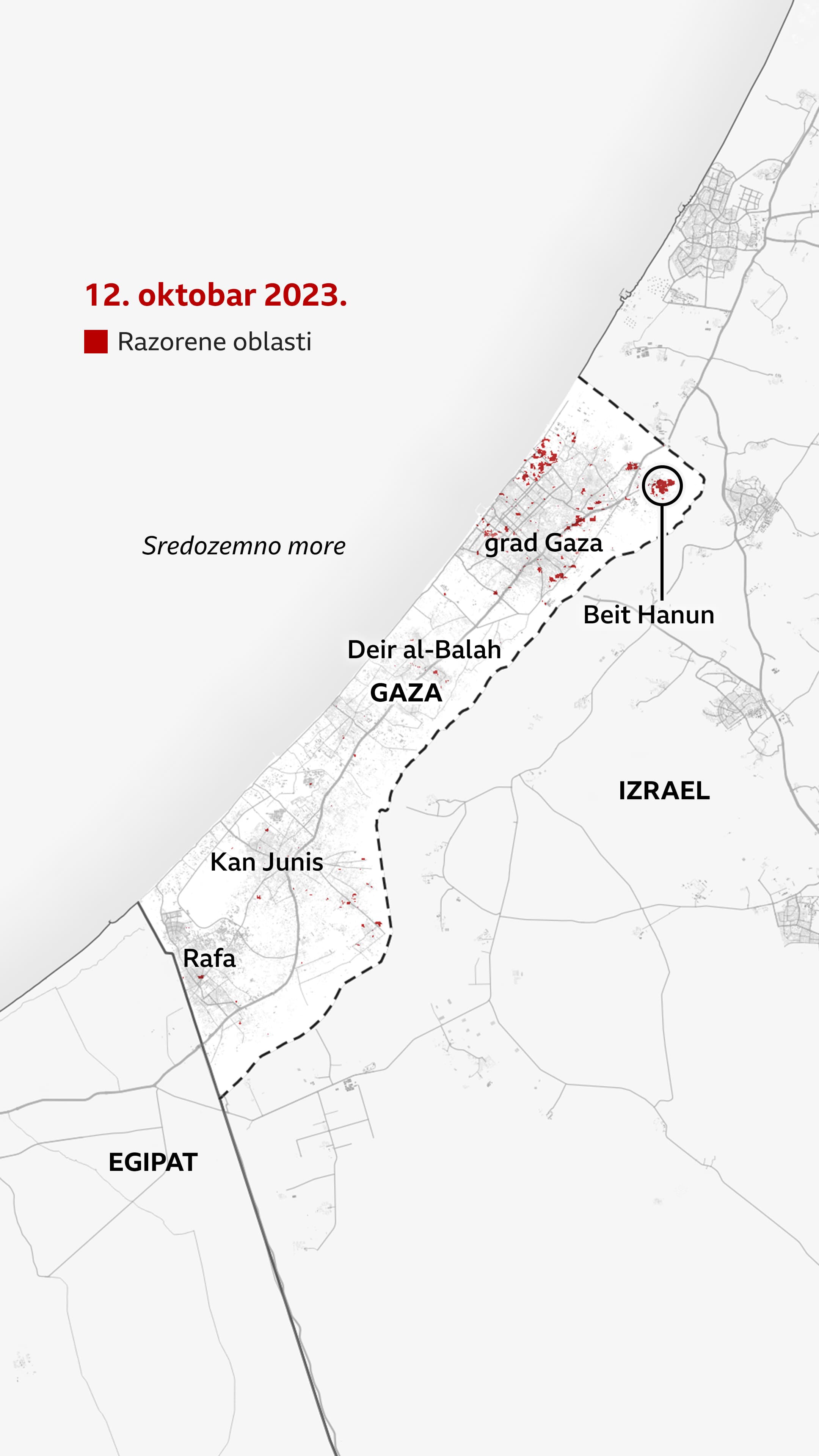 Mapa Gaze od 12. oktobra 2023, koja prikazuje oštećena područja crvenom bojom. Ističe se velika crvena mrlja, kao što je Beit Hanun, blizu granice sa Izraelom na severu. Manje crvene mrlje mogu se videti u gradu Gazi i severnoj Gazi, sa manjim tačkama na jugu.