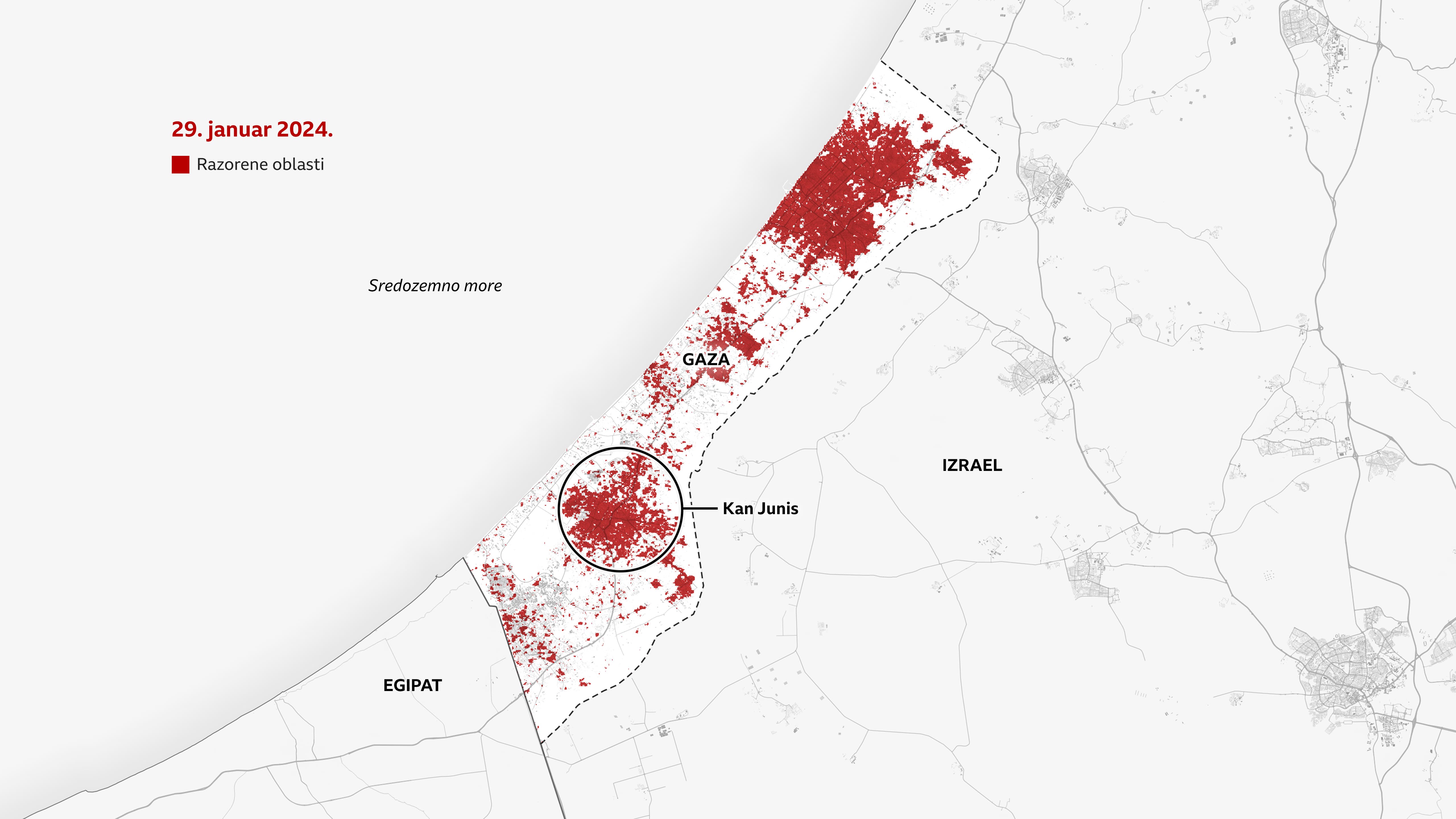 Mapa od 29. januara 2024. ističe Kan Junis u južnoj Gazi, koji je sada vidljivo prekriven crvenom bojom, što ukazuje na štetu. U gradu Gazi i centralnoj Gazi takođe se vidi veća štetu.