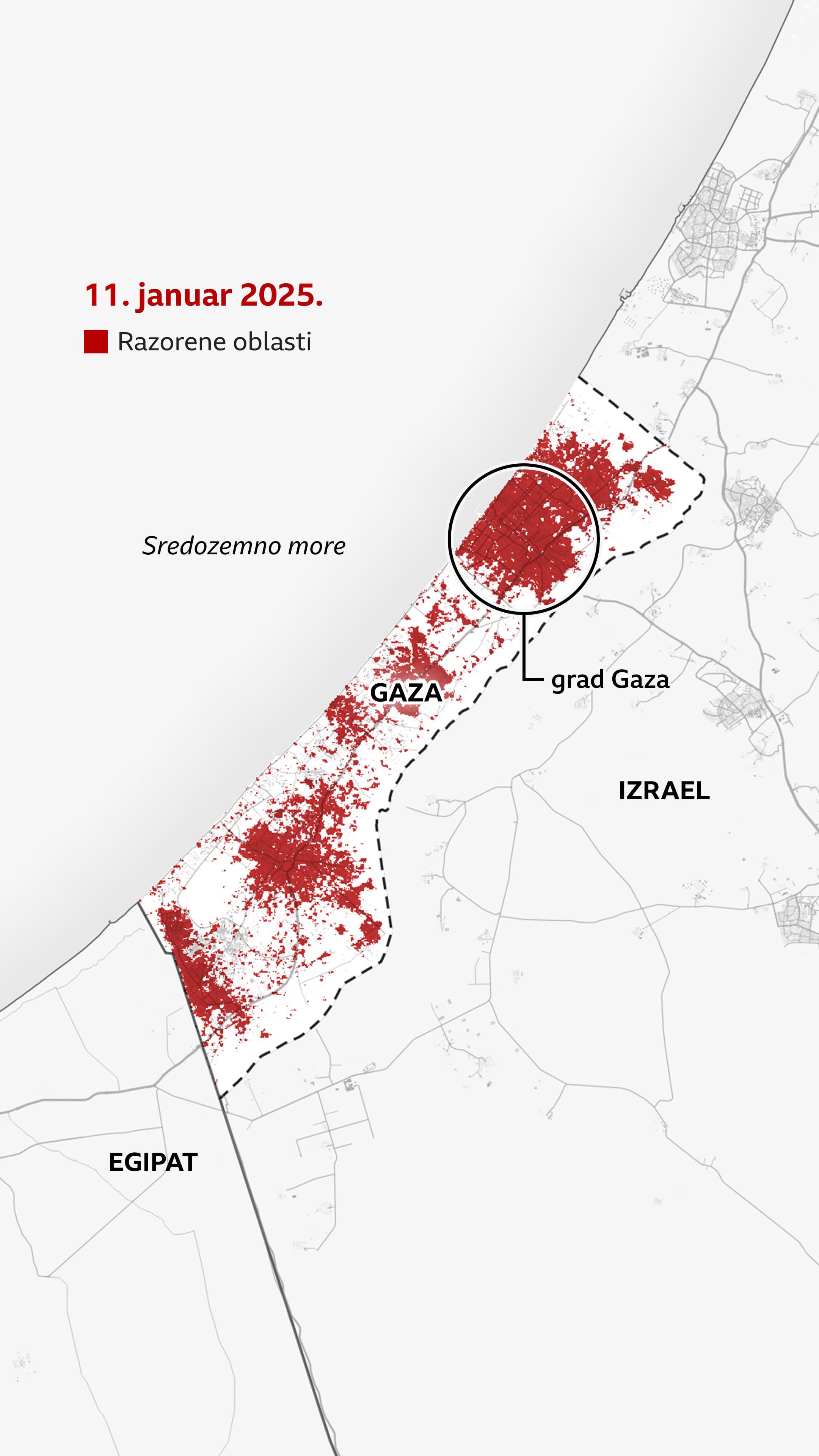 Mapa od 11. januara 2025. godine pokazuje grad Gazu, koja je sada skoro potpuno crvena.