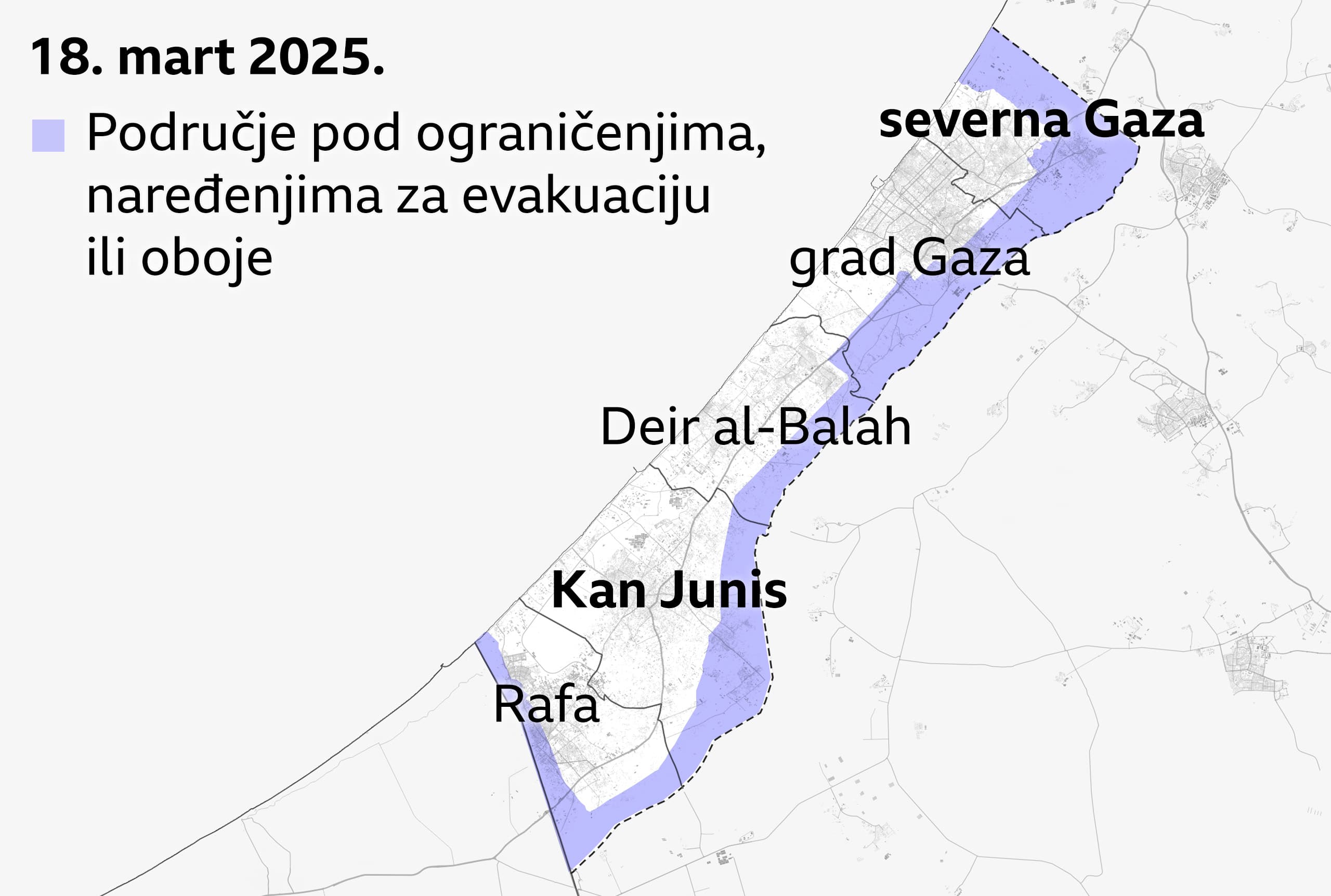 Mapa Pojasa Gaze, od 18. marta 2025, koja prikazuje područja pod ograničenjima i naredbama za evakuaciju. Označeni gradovi obuhvataju severnu Gazu, grad Gazu, Deir al-Balah, Kan Junis i Rafu. Ljubičasta boja označava područja sa ograničenjima ili naredbama za evakuaciju duž granice sa Izraelom i Egiptom.