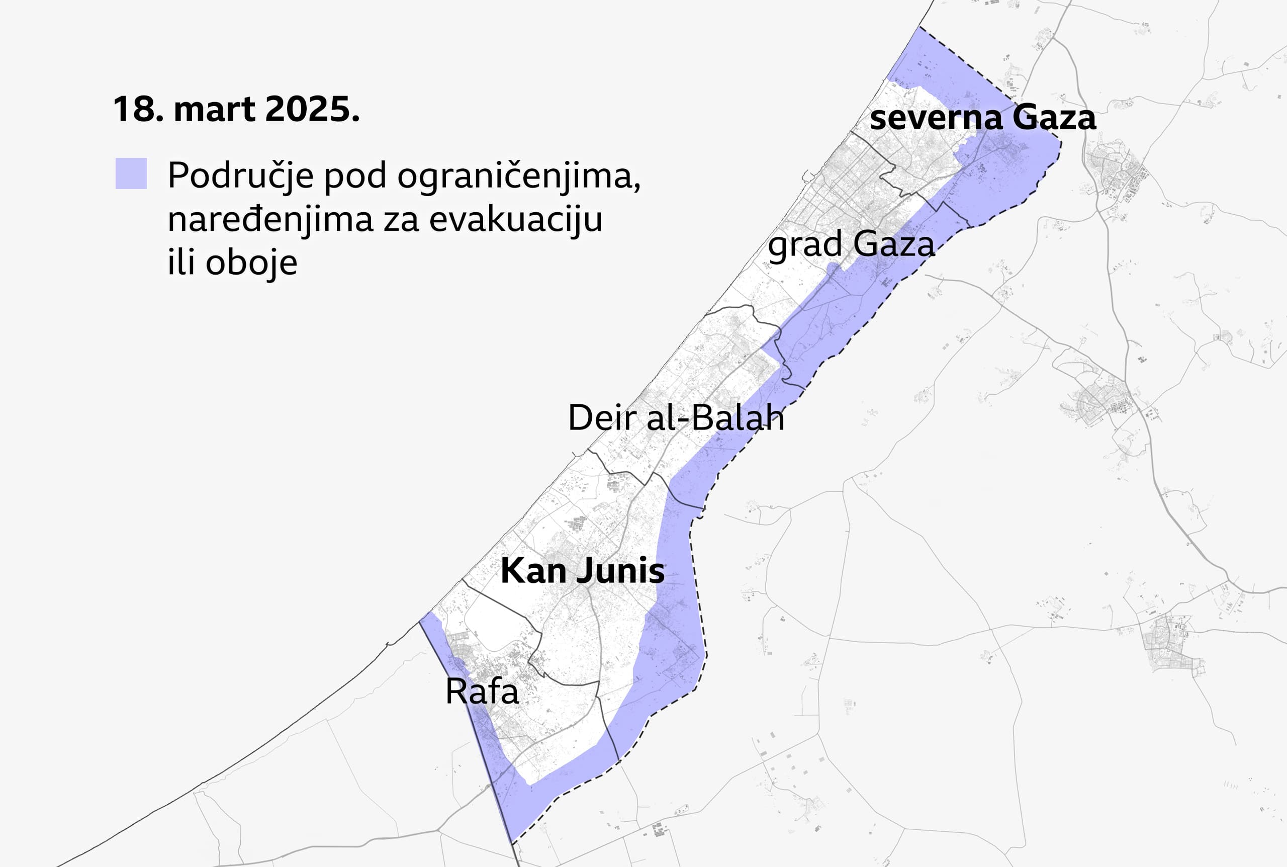 Mapa Pojasa Gaze, od 18. marta 2025, koja prikazuje područja pod ograničenjima i naredbama za evakuaciju. Označeni gradovi obuhvataju severnu Gazu, grad Gazu, Deir al-Balah, Kan Junis i Rafu. Ljubičasta boja označava područja sa ograničenjima ili naredbama za evakuaciju duž granice sa Izraelom i Egiptom.
