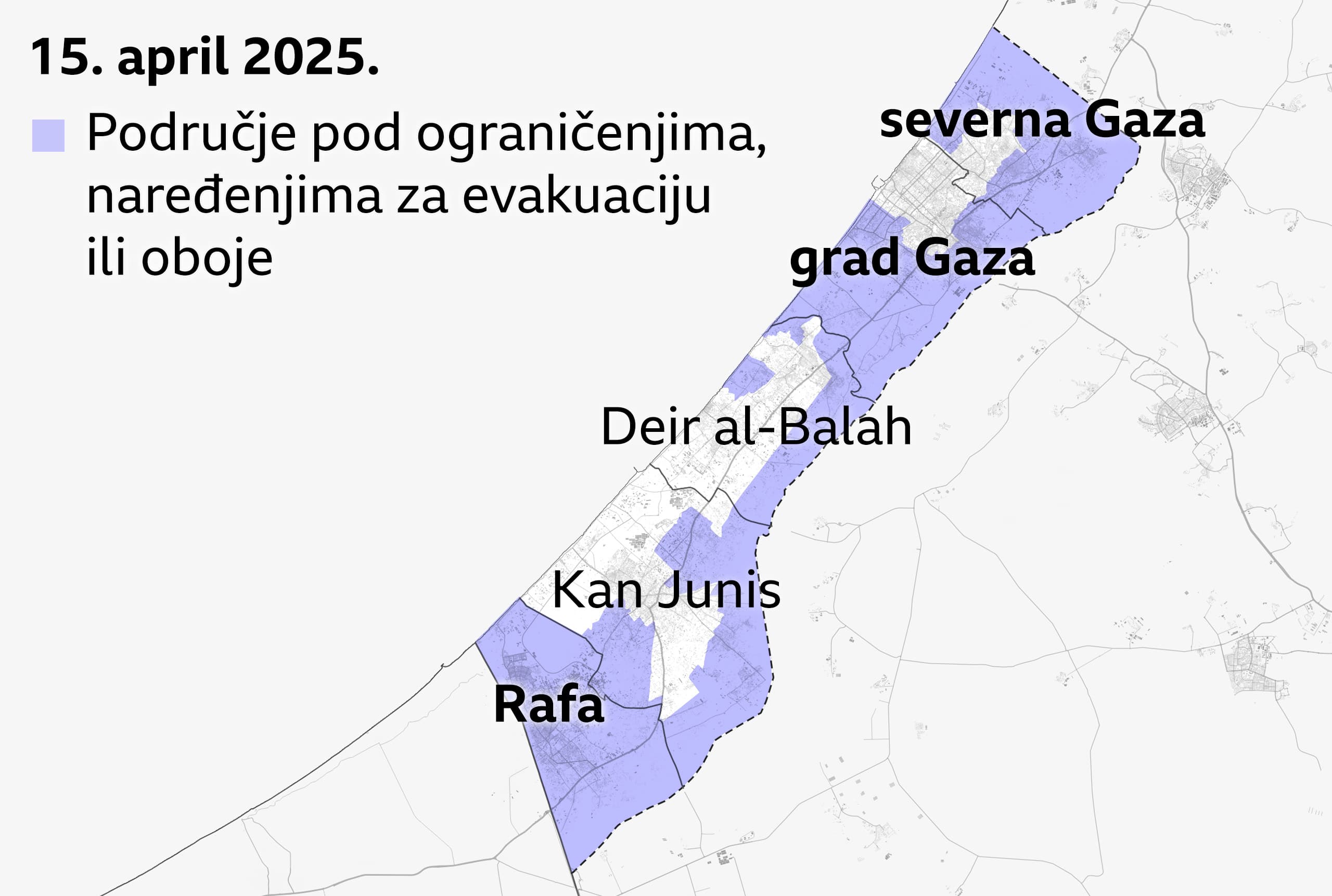 Mapa Pojasa Gaze, od 15. aprila 2025, prikazuje područja pod ograničenjima i naredbama za evakuaciju ljubičastom bojom. Oznake ističu guvernate severnu Gazu i grad Gazu, na severu, koji su skoro potpuno pokriveni naredbama, i Rafu, na jugu, koja je totalno pokrivena.