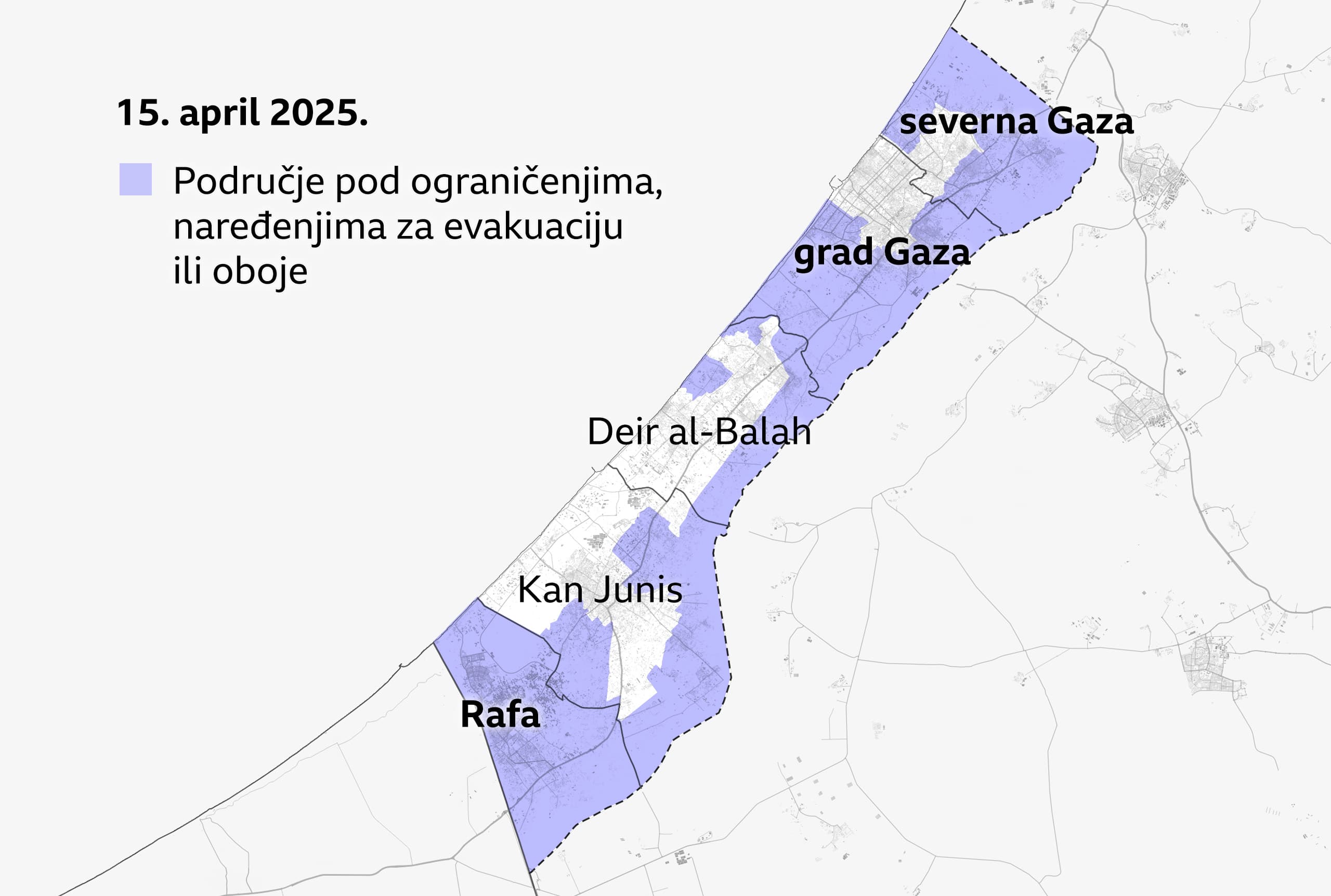 Mapa Pojasa Gaze, od 15. aprila 2025, prikazuje područja pod ograničenjima i naredbama za evakuaciju ljubičastom bojom. Oznake ističu guvernate severnu Gazu i grad Gazu, na severu, koji su skoro potpuno pokriveni naredbama, i Rafu, na jugu, koja je totalno pokrivena.