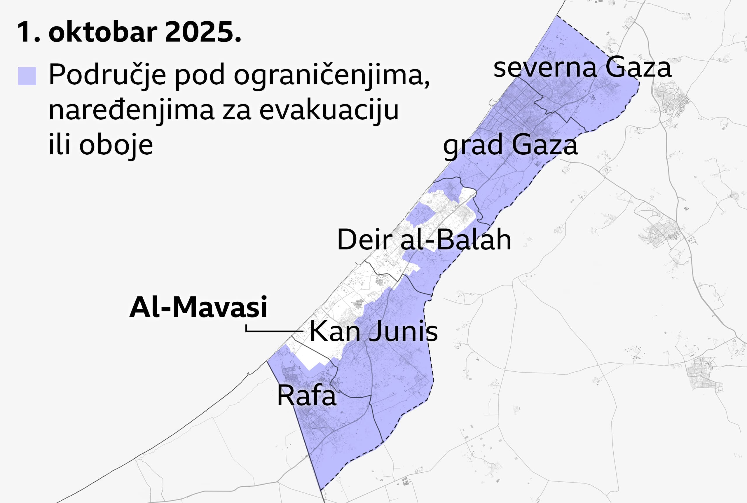 Mapa Pojasa Gaze, od 1. oktobra 2025, prikazuje područja pod ograničenjima i naredbama za evakuaciju ljubičastom bojom. Pokrivaju celu severnu Gazu i grad Gazu, kao i skoro celu Rafu i zapadno od Kan Junisa i Deir al-Balaha. Al-Mavasi, u jugoistočnoj Gazi, obeležen je u uskom pojasu koji nije obuhvaćen izraelskim ograničenjima.