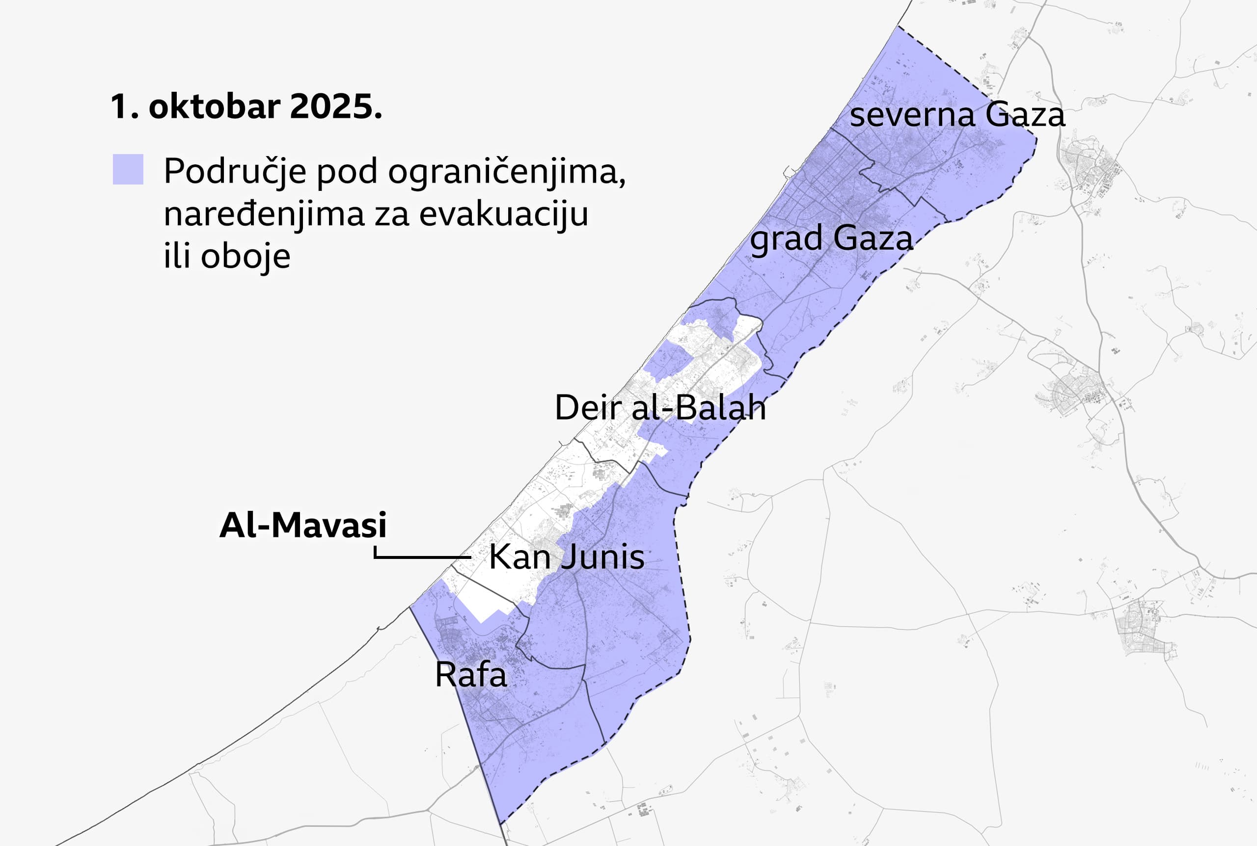 Mapa Pojasa Gaze, od 1. oktobra 2025, prikazuje područja pod ograničenjima i naredbama za evakuaciju ljubičastom bojom. Pokrivaju celu severnu Gazu i grad Gazu, kao i skoro celu Rafu i zapadno od Kan Junisa i Deir al-Balaha. Al-Mavasi, u jugoistočnoj Gazi, obeležen je u uskom pojasu koji nije obuhvaćen izraelskim ograničenjima.