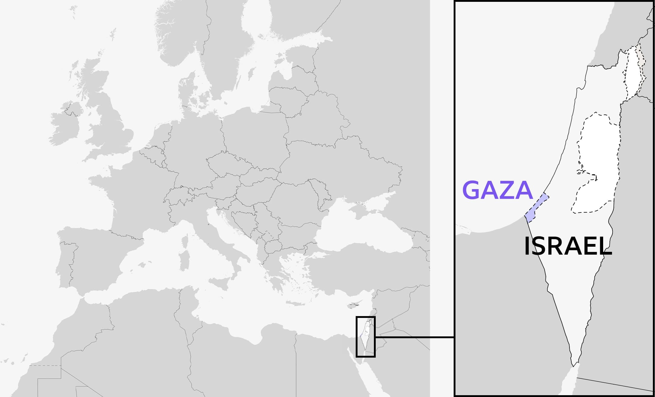 Simple locator map showing Israel in relation to the UK and the rest of Europe and north Africa. An inset of Israel shows Gaza highlighted in the south west.