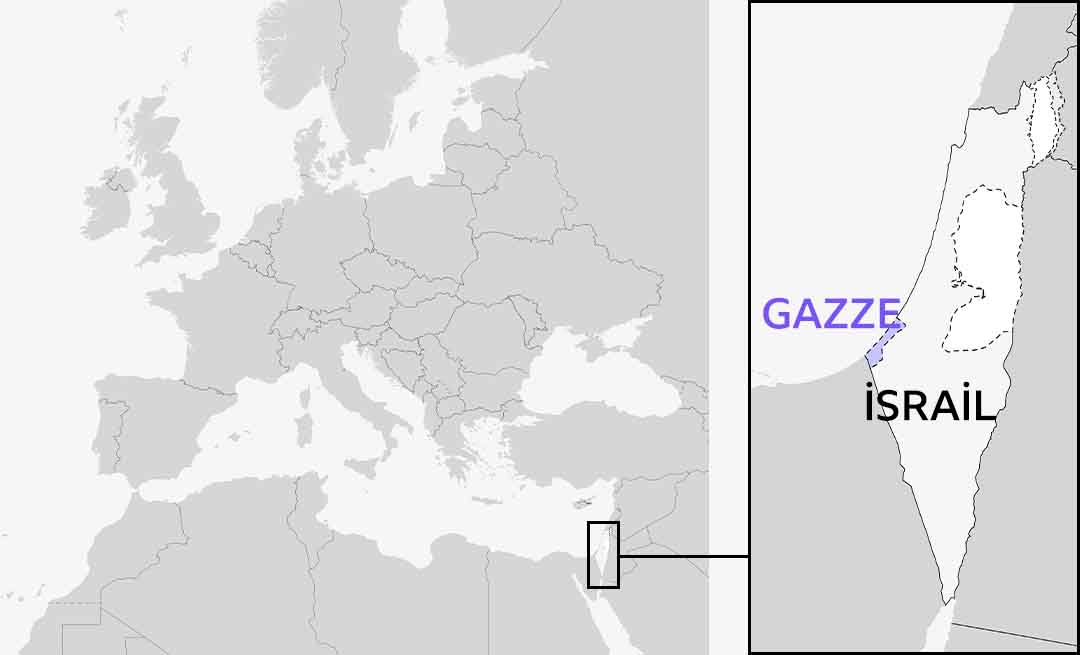 İsrail'i İngiltere, Avrupa'nın geri kalanı ve Kuzey Afrika ile kıyaslayan harita. Gazze İsrail'in güneybatısında gözüküyor.