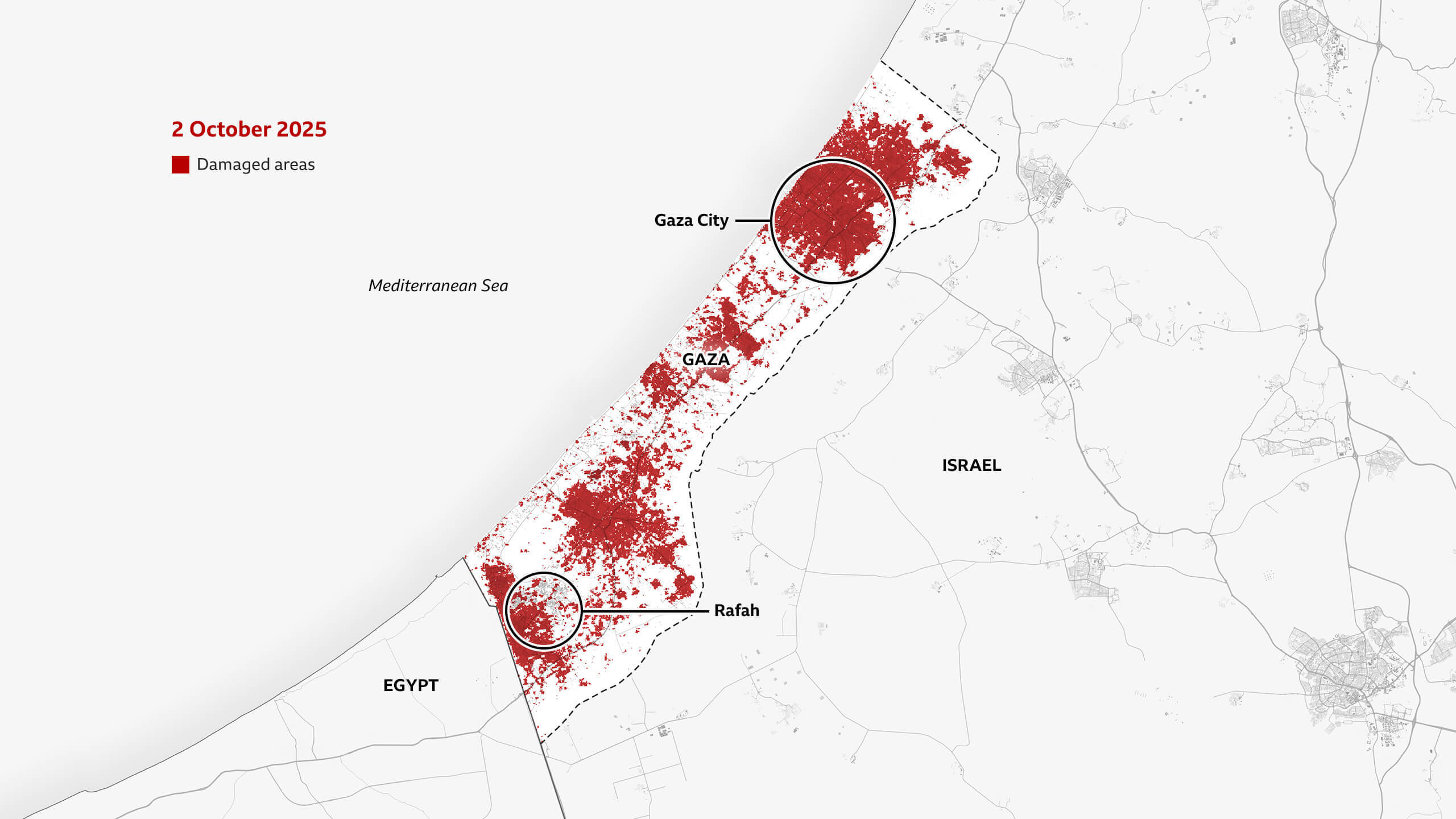 Map dated 2 October 2025 highlights an area of Rafah in the south where the damage has worsened.