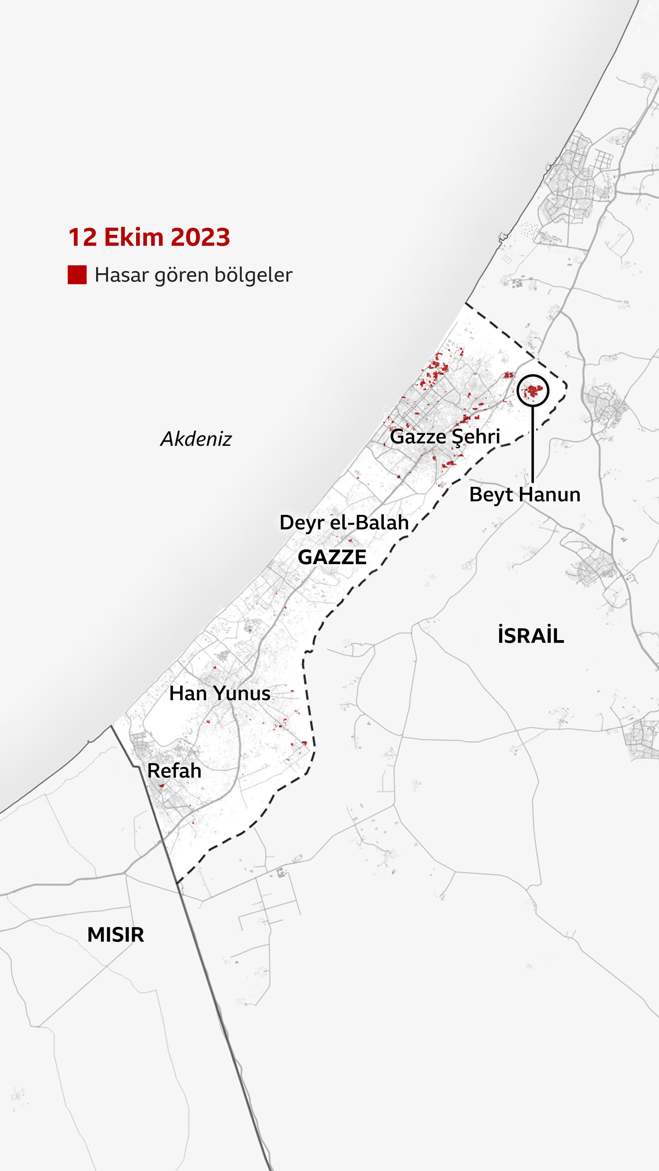 12 Ekim 2023'te hasar almış alanları kırmızıyla gösteren harita. Kuzeyde, İsrail sınırı yakınlarındaki Beyt Hanun'u kırmızı bir alanla gösteriyor. Güneydeki Gazze şehri ve Kuzey Gazze'de daha küçük kırmızı alanlar var.