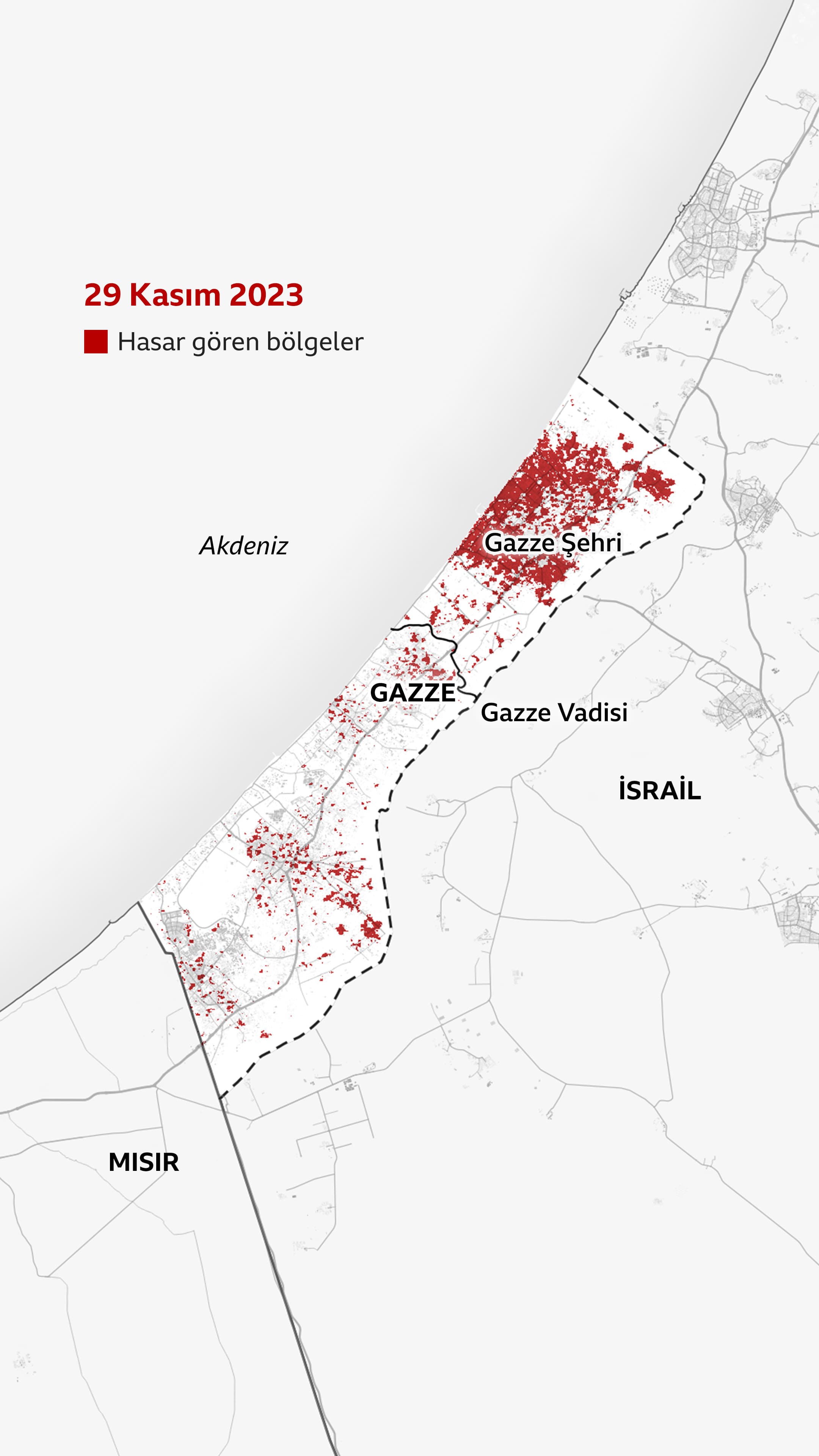 29 Kasım 2023'teki hasarı gösteren haritada kırmızı alanlar Gazze şehrinin büyük kısmına ve kuzey Gazze'ye yayılmış halde. Gazze Şehri'nin güneyindeki Gazze Vadisi bölgeyi ikiye kesiyor.