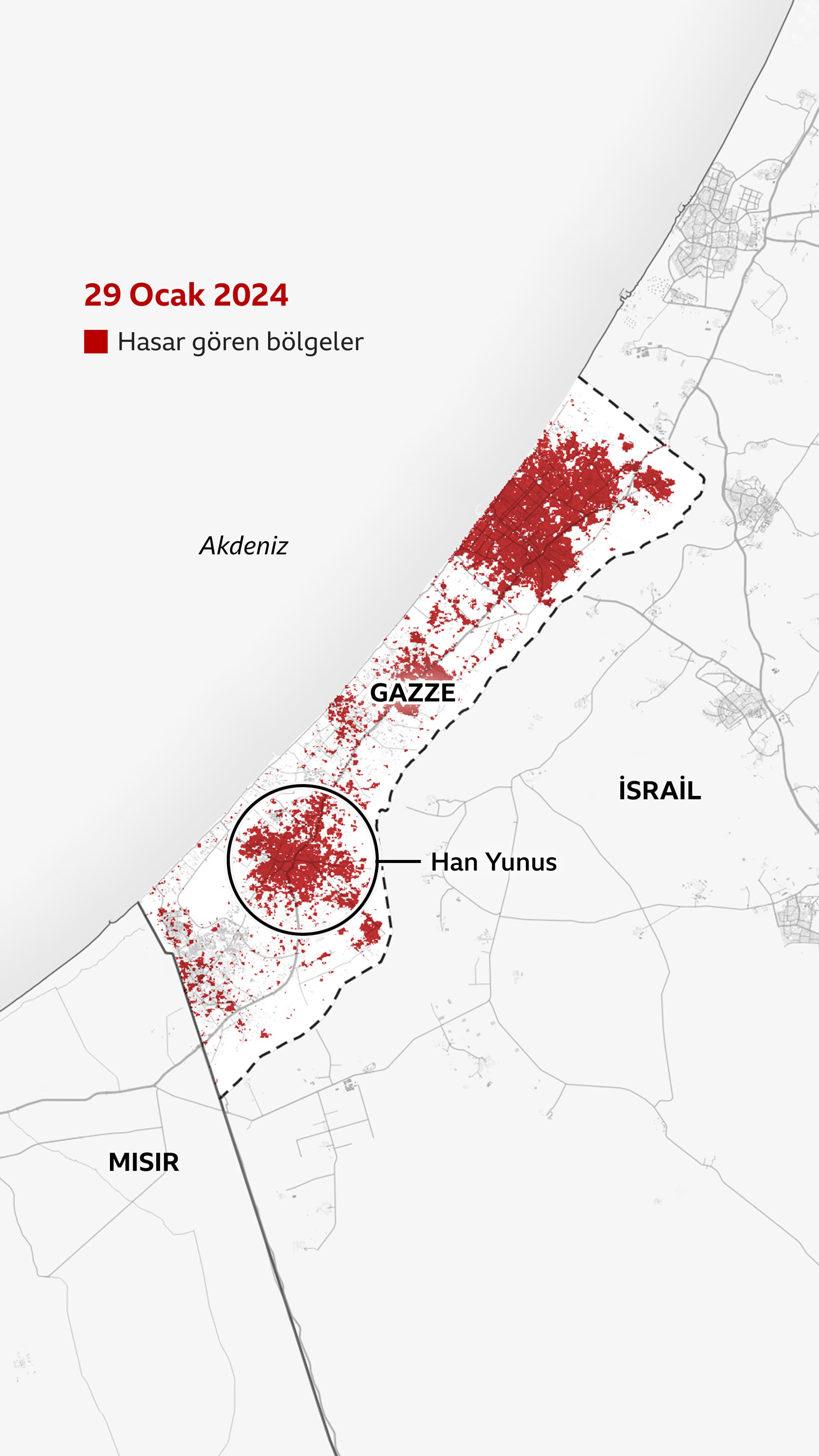 29 Ocak 2024 tarihli haritada Gazze'nin güneyindeki Han Yunus'ta hasarı gösteren kırmısı alanlar. Gazze şehri ve Gazze'nin orta kesimleri de ağır hasar almış halde.