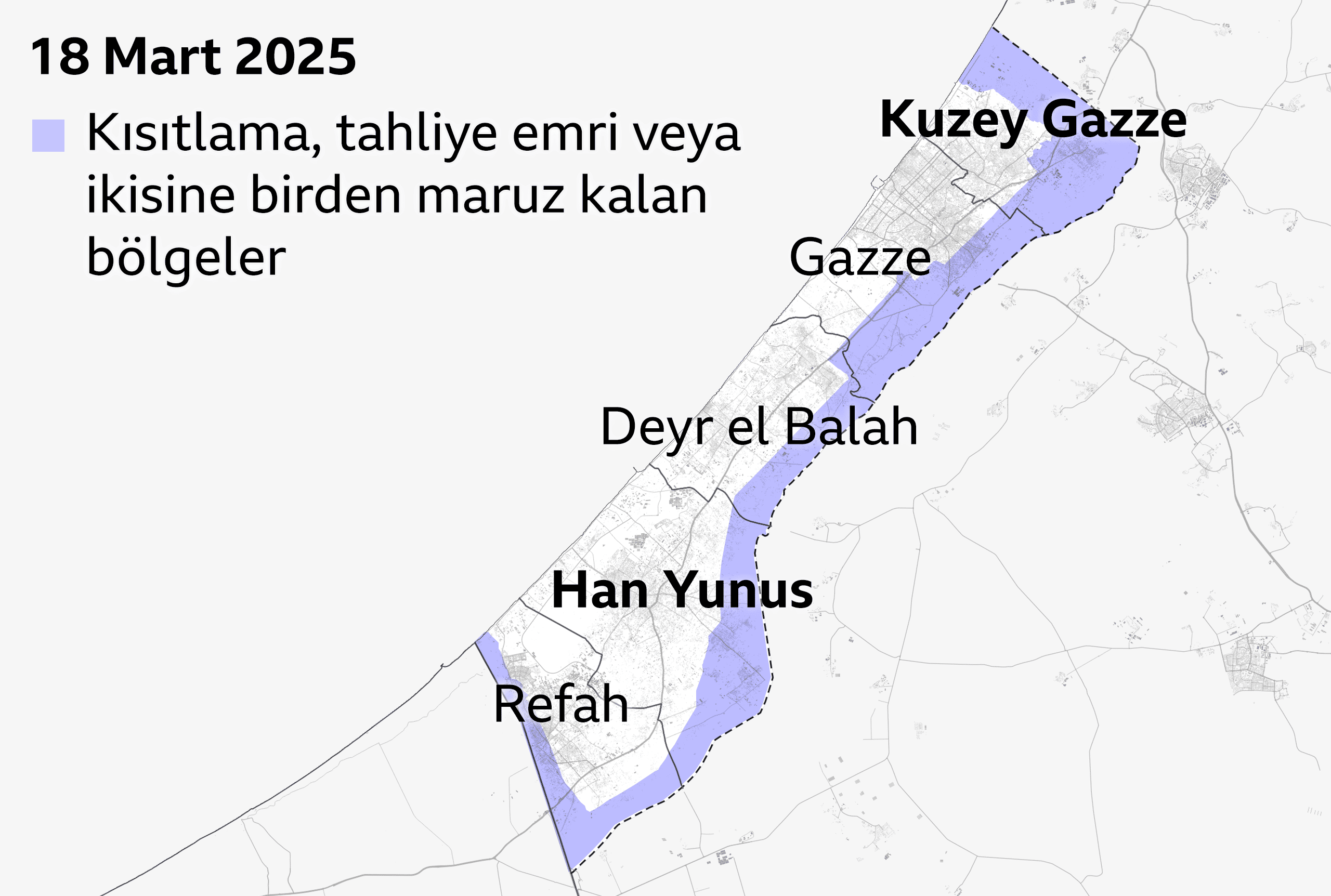18 Mart 2025 tarihli Gazze Şeridi haritası.