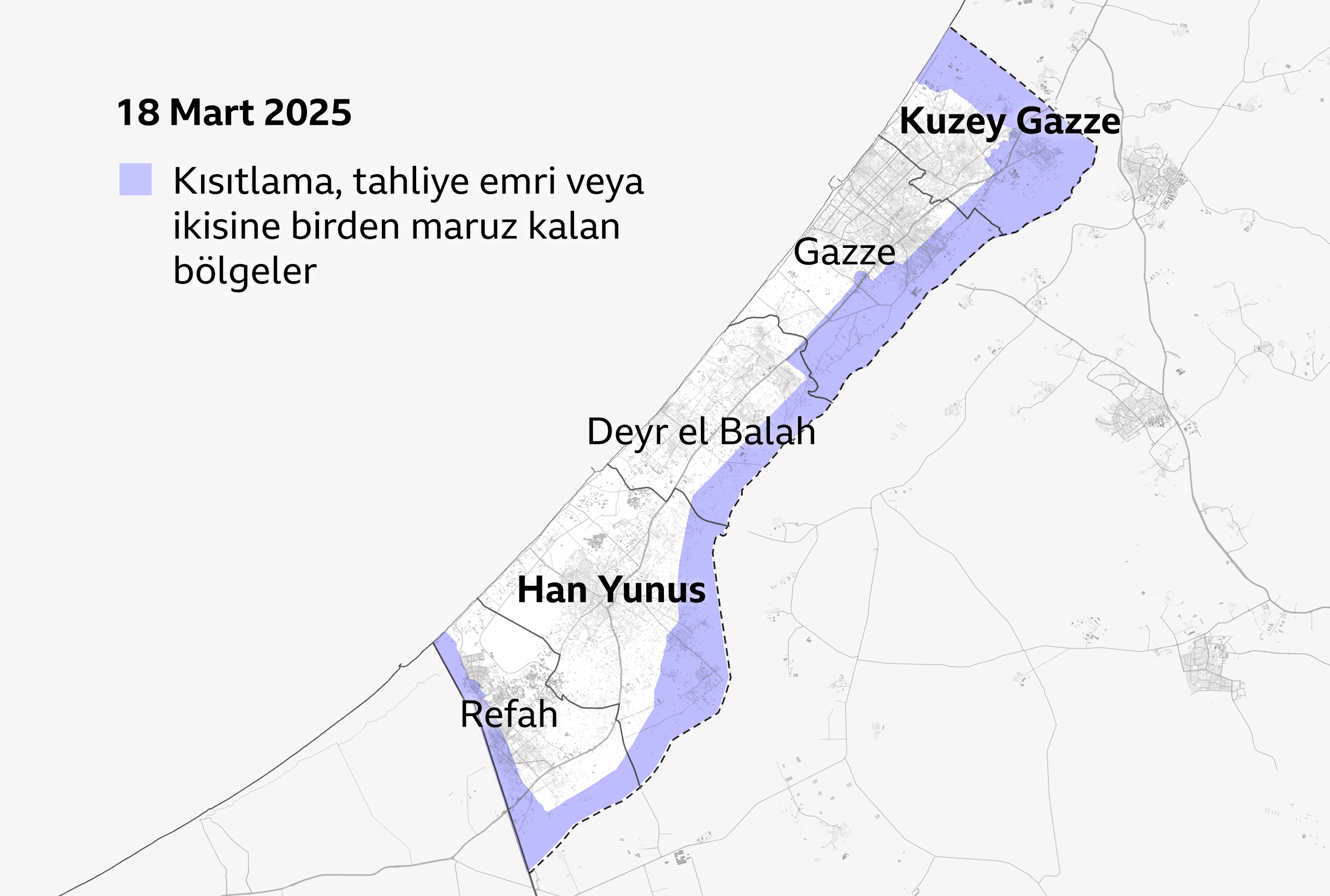 18 Mart 2025 tarihli Gazze Şeridi haritası.