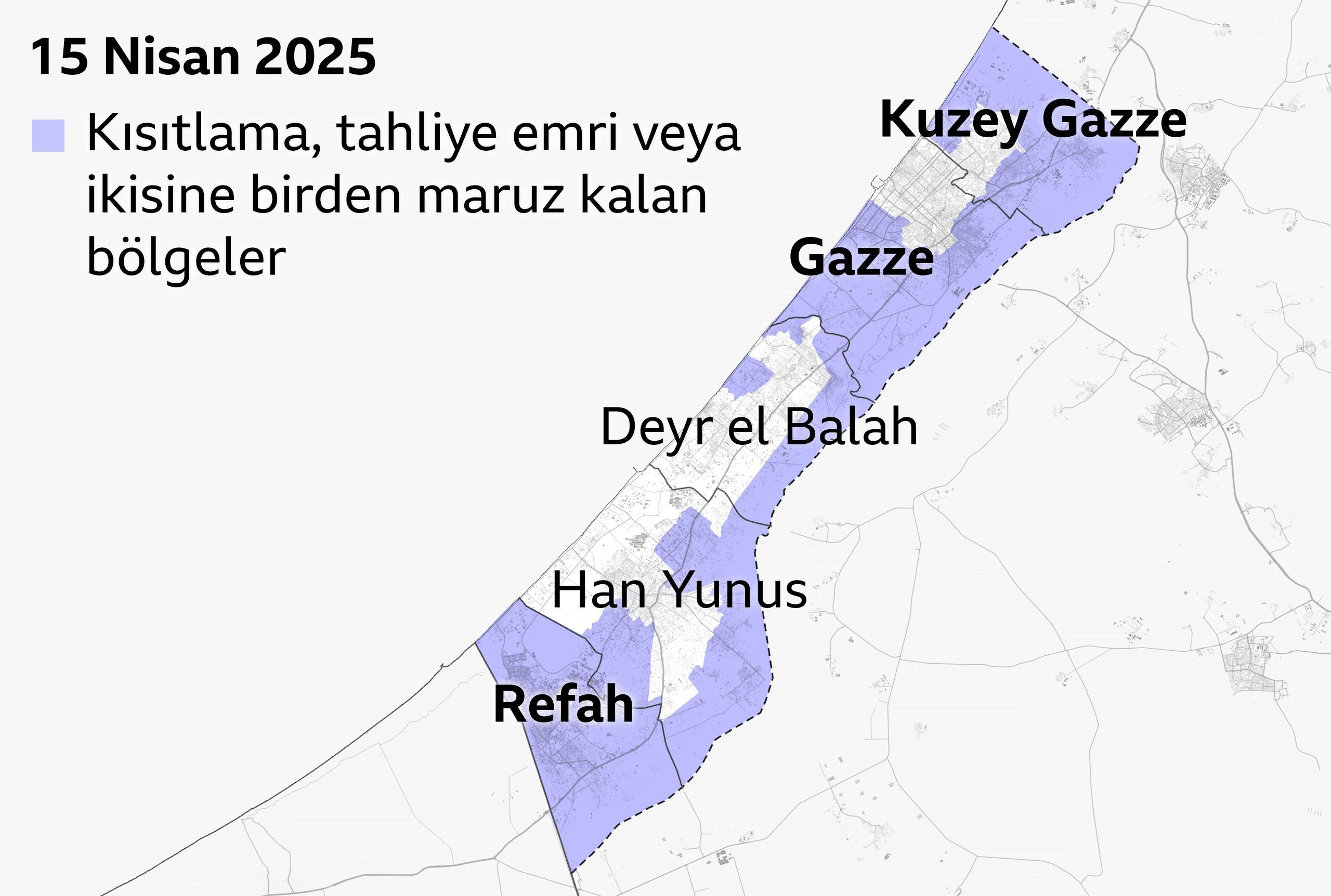 15 Nisan 2025 tarihli Gazze Şeridi haritası. Kısıtlama ve tahliye alanları mor renkte.