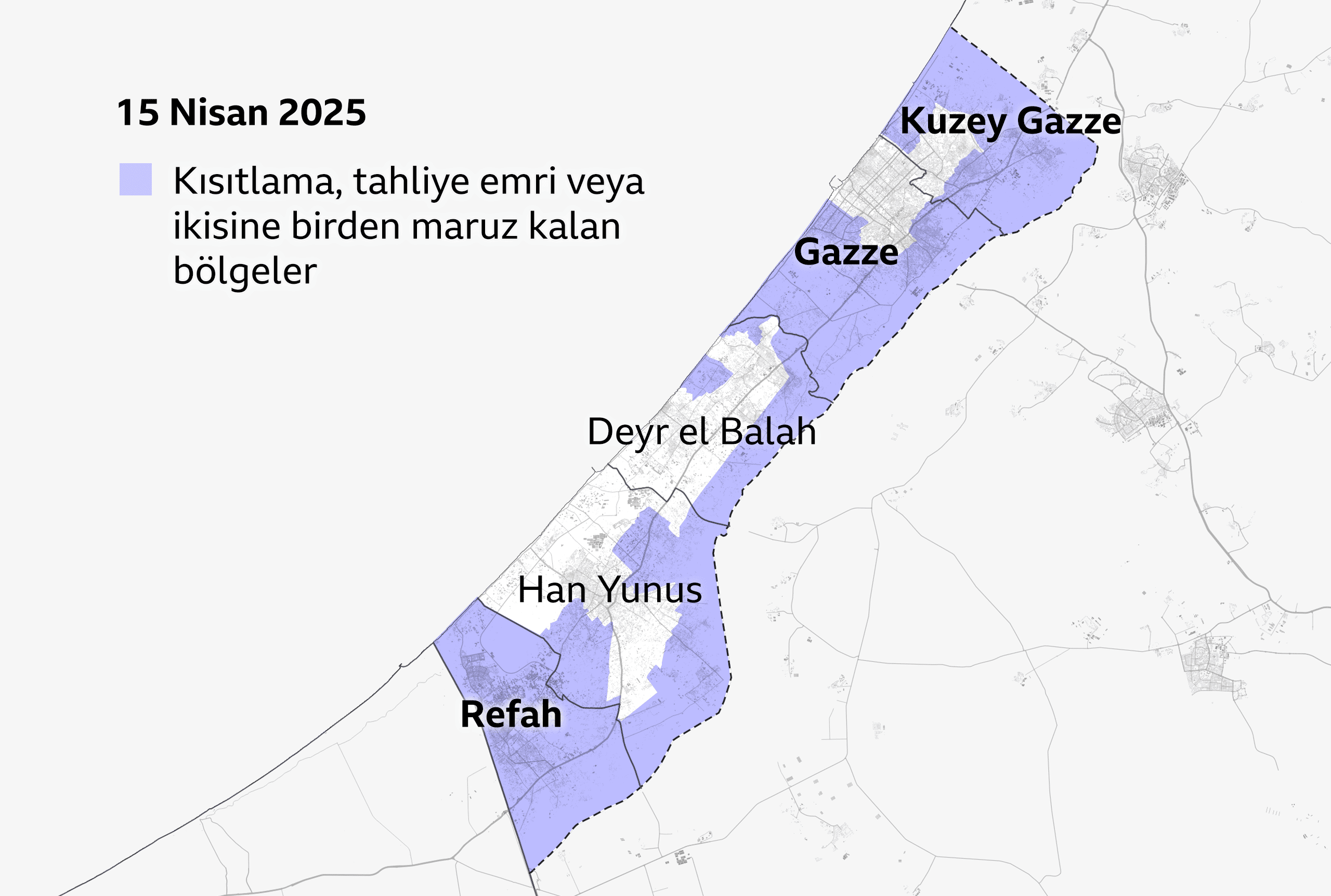 15 Nisan 2025 tarihli Gazze Şeridi haritası. Kısıtlama ve tahliye alanları mor renkte.