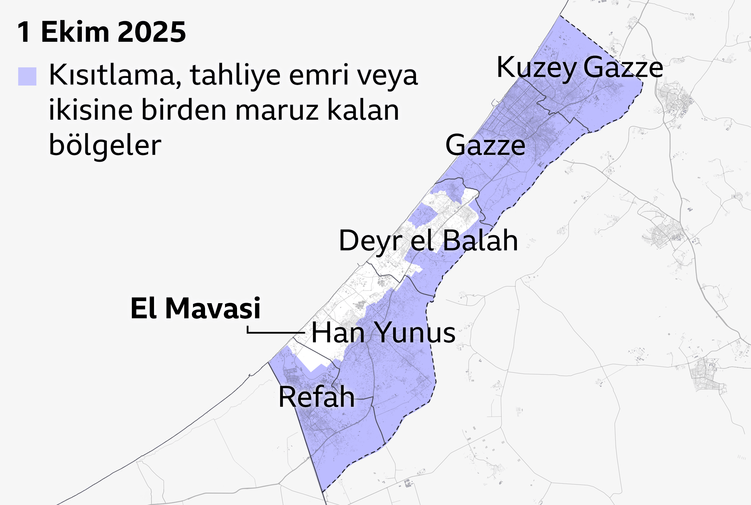1 Ekim 2025 tarihli Gazze haritası. Kısıtlama ve tahliye emirleri olan alanlar morla gösteriliyor. Kuzey Gazze ve Gazze Şehri tamamen kaplanmış. Refah ve Han Yunus ile Deyr el Balah'ın batısı da tamamen mor. Gazze'nin güneydoğusundaki El Mawasi İsrail kısıtlamaları dışında.