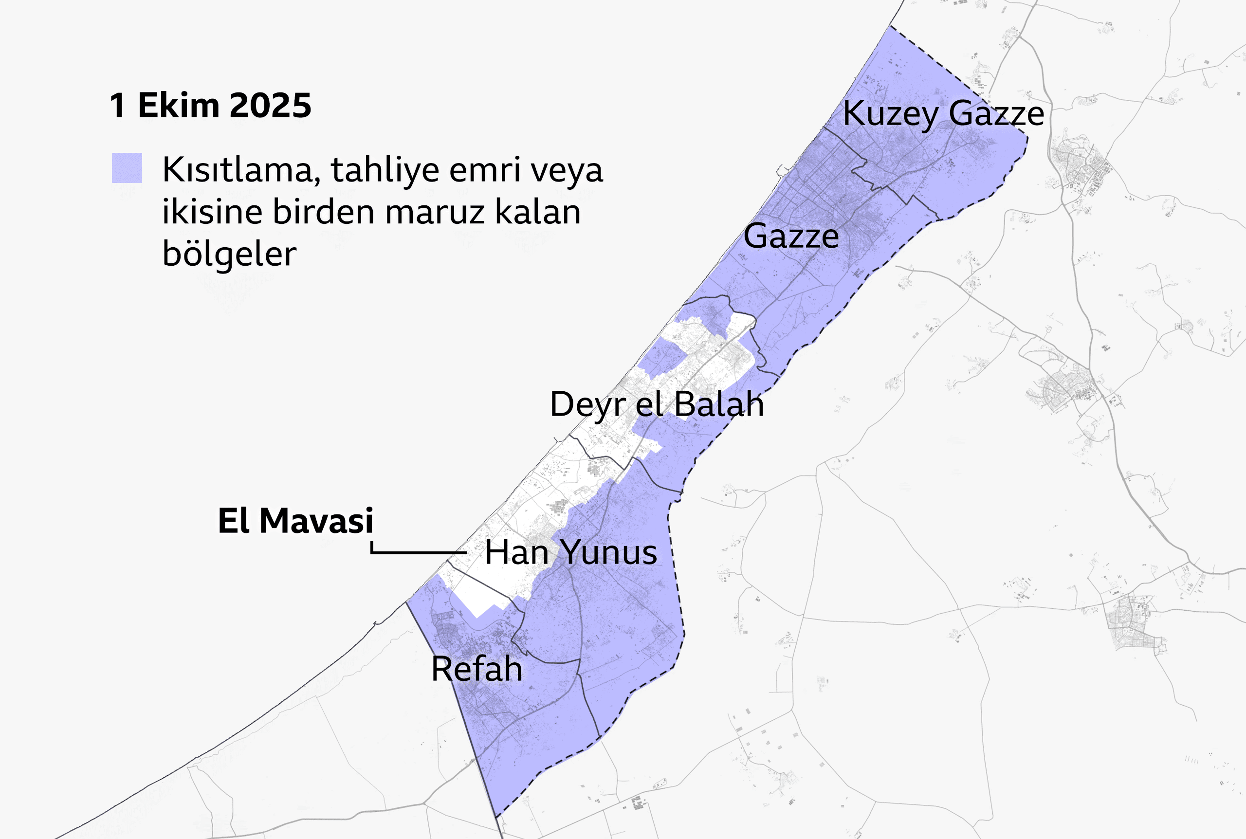 1 Ekim 2025 tarihli Gazze haritası. Kısıtlama ve tahliye emirleri olan alanlar morla gösteriliyor. Kuzey Gazze ve Gazze Şehri tamamen kaplanmış. Refah ve Han Yunus ile Deyr el Balah'ın batısı da tamamen mor. Gazze'nin güneydoğusundaki El Mawasi İsrail kısıtlamaları dışında.