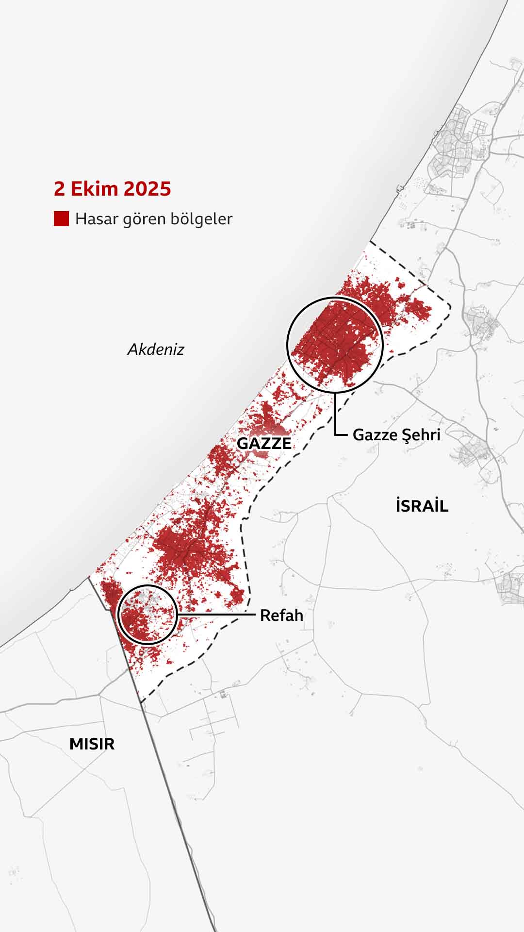 2 Ekim 2025 tarihli harita güneydeki Refah'ta hasarın kötüleştiğini gösteriyor.