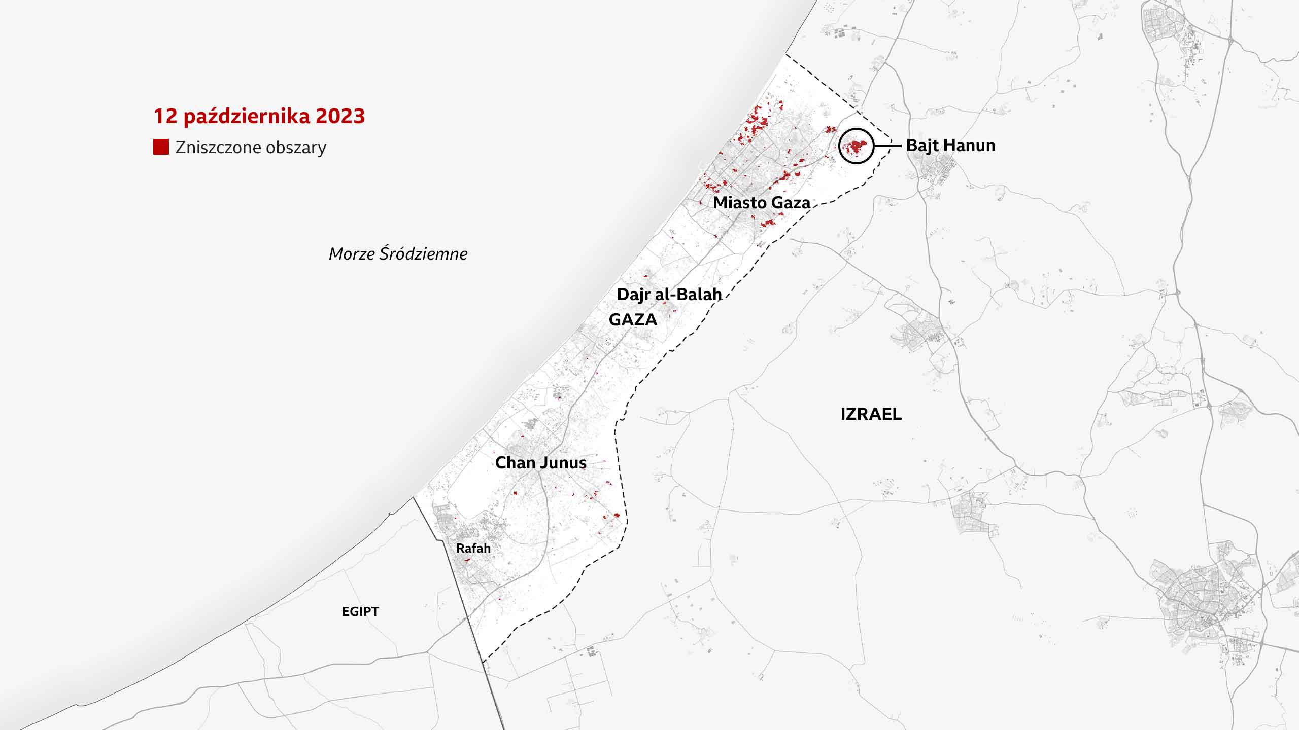 Mapa Gazy z 12 października 2023 r., przedstawiająca obszary zniszczone na czerwono. Zaznaczono na niej duży czerwony obszar w pobliżu Bajt Hanun w pobliżu granicy z Izraelem na północy. Mniejsze czerwone plamy można zobaczyć w całym mieście Gaza i północnej części Gazy, a mniejsze plamki na południu.