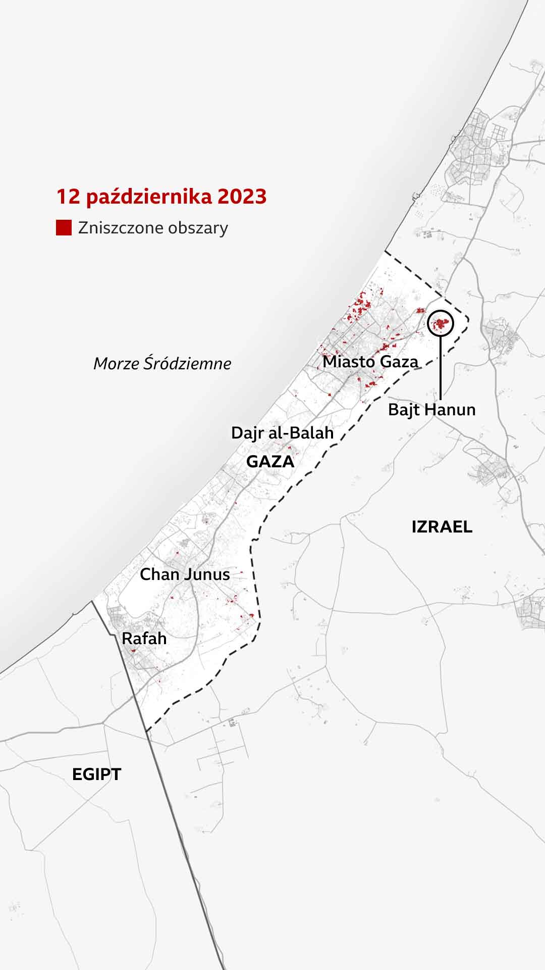 Mapa Gazy z 12 października 2023 r., przedstawiająca obszary zniszczone na czerwono. Zaznaczono na niej duży czerwony obszar w pobliżu Bajt Hanun w pobliżu granicy z Izraelem na północy. Mniejsze czerwone plamy można zobaczyć w całym mieście Gaza i północnej części Gazy, a mniejsze plamki na południu.