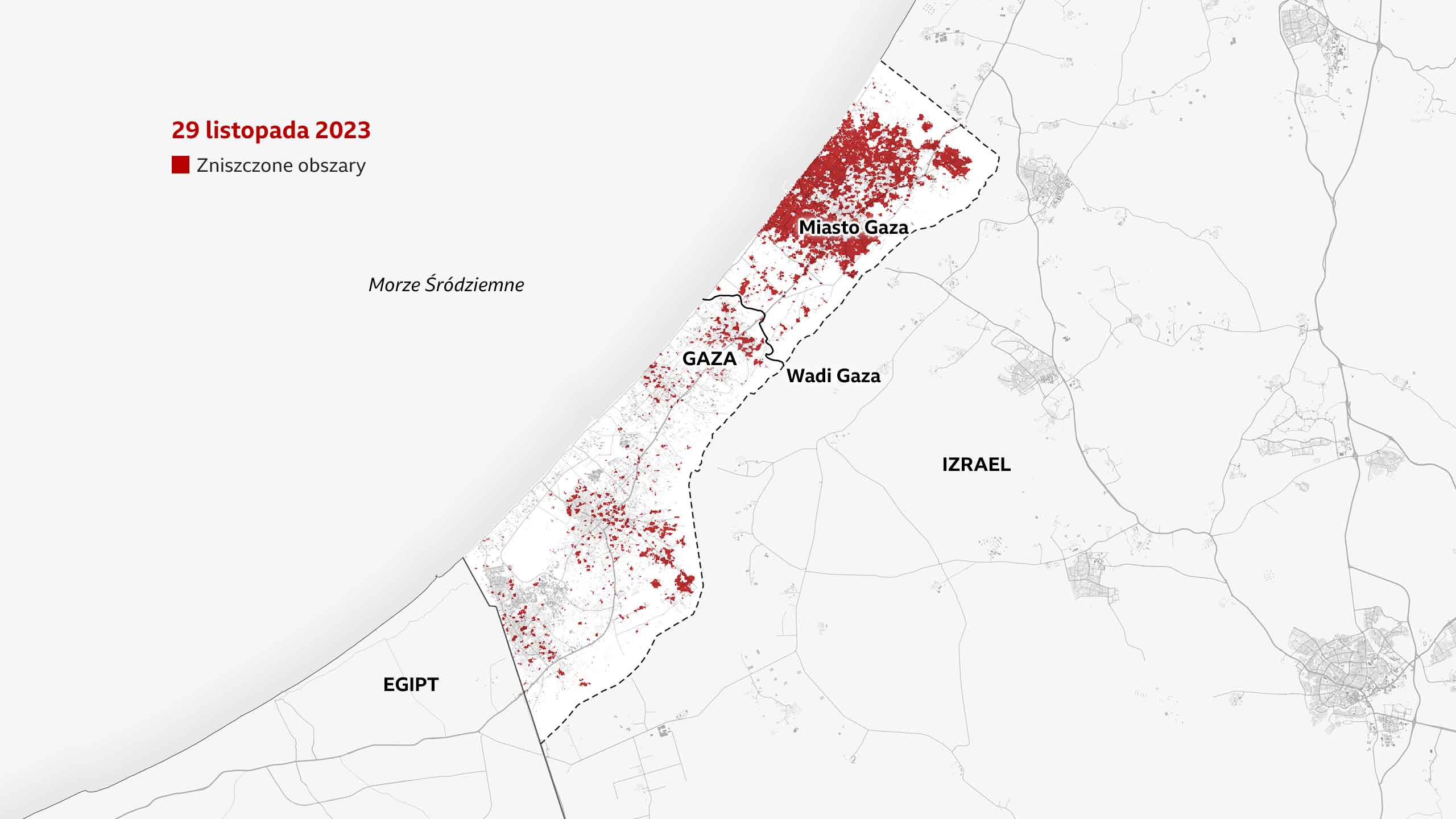 Mapa z 29 listopada 2023 r. pokazuje, że czerwone obszary zniszczeń rozprzestrzeniły się, obejmując większość miasta Gaza i północną część Strefy Gazy. Rozprzestrzeniają się również na południu. Rzeka Wadi Gaza na południe od miasta Gaza przecina to terytorium.
