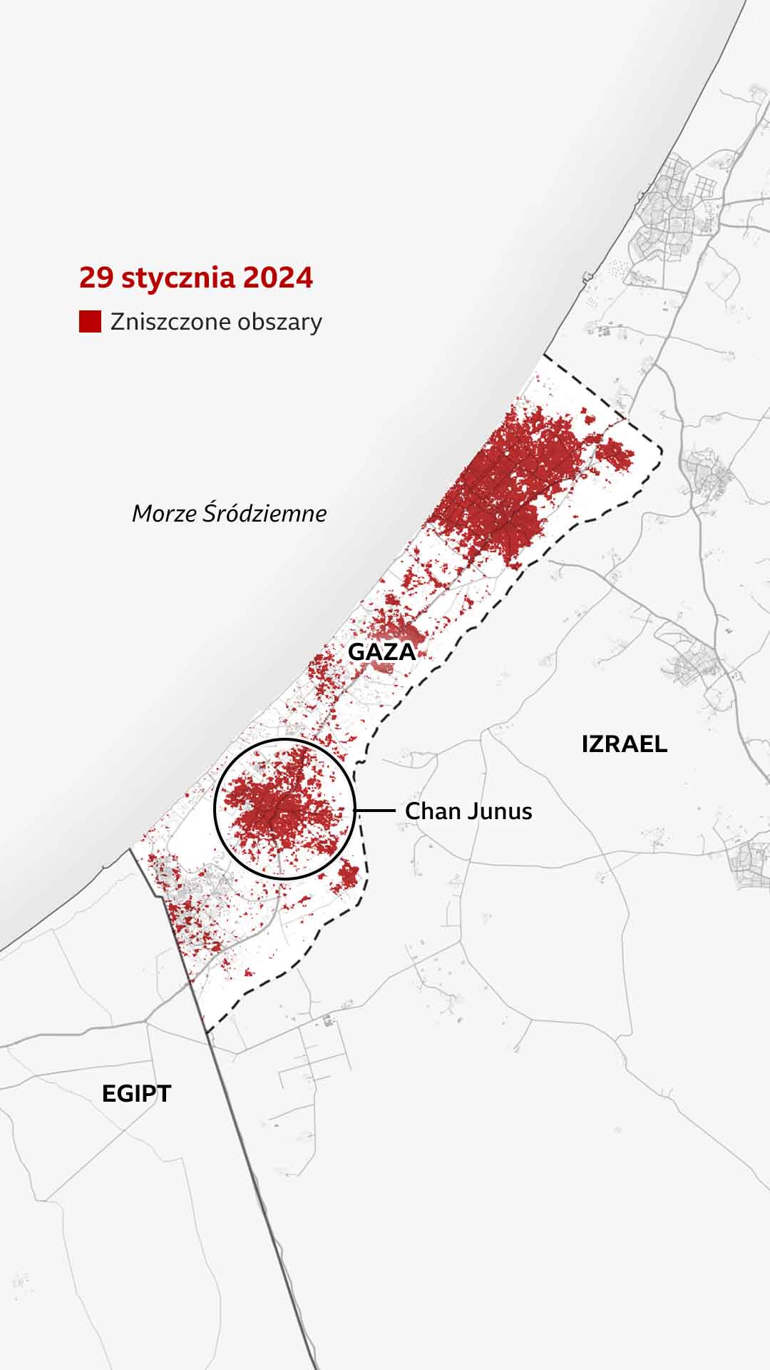 Mapa z 29 stycznia 2024 r. przedstawia Chan Junus w południowej części Strefy Gazy, która jest teraz wyraźnie pokryta czerwonym kolorem, wskazującym na zniszczenia. Miasto Gaza i centralna część Strefy Gazy są również bardziej zniszczone.