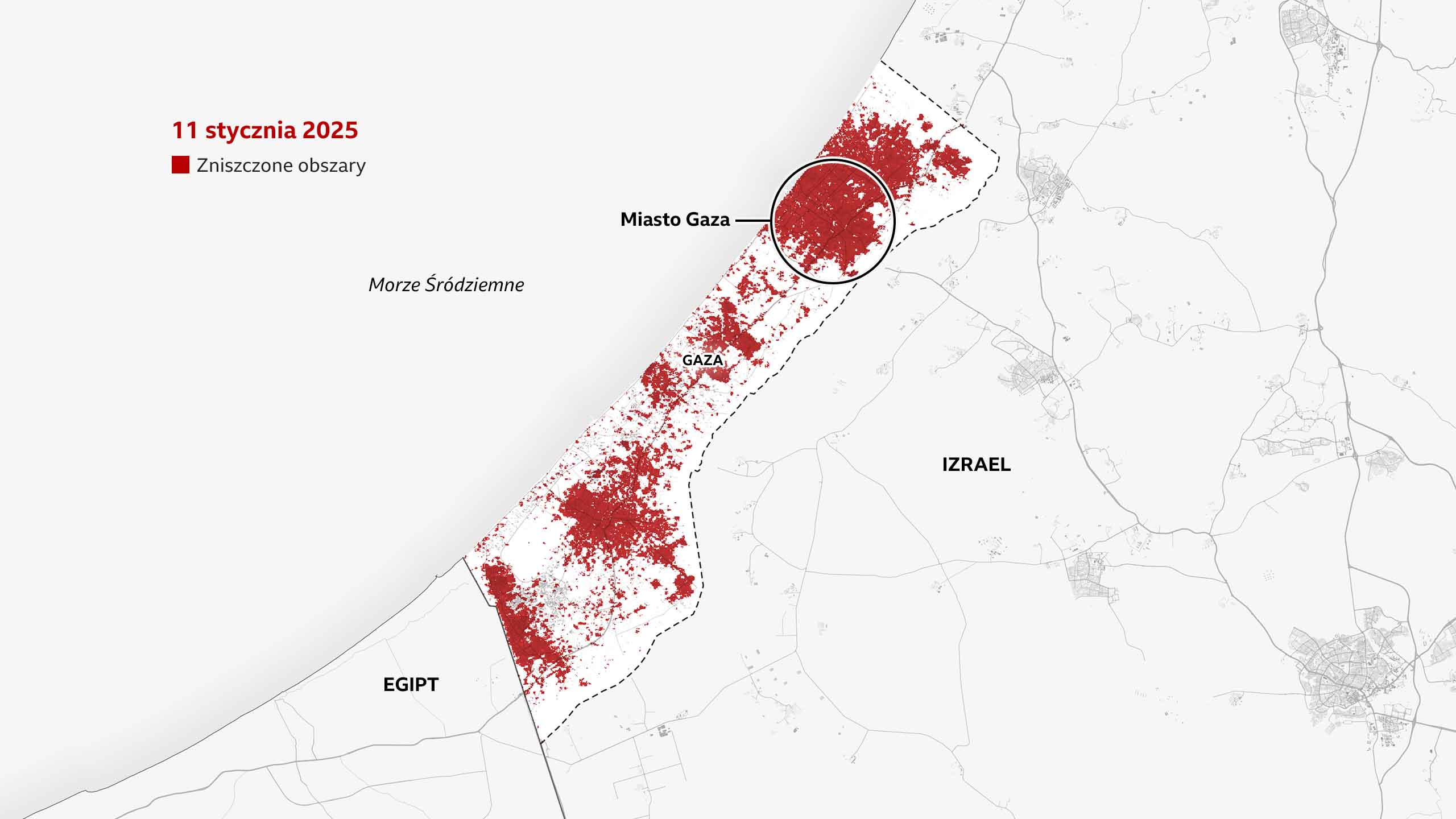 Na mapie z 11 stycznia 2025 r. zaznaczono miasto Gaza, które jest obecnie niemal całkowicie czerwone.