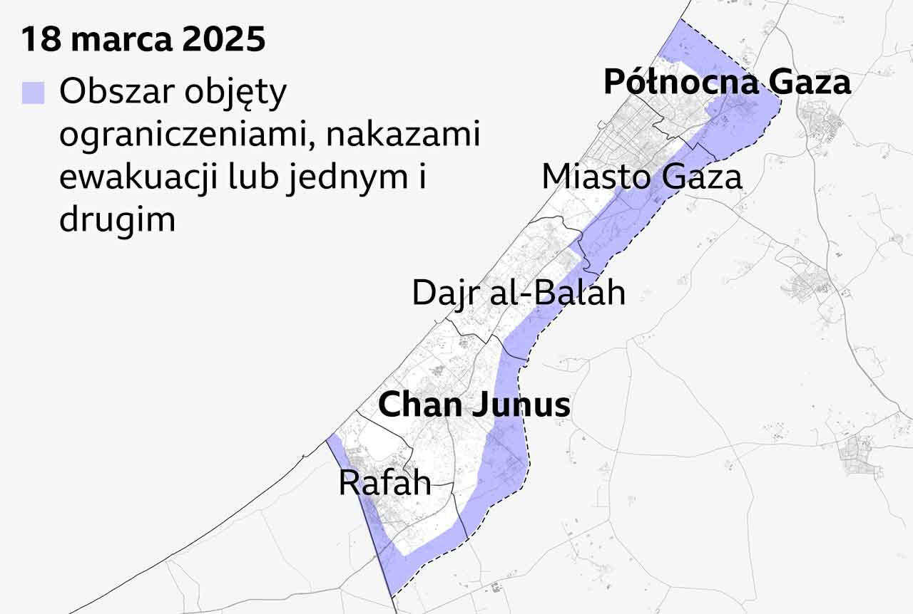 Mapa Strefy Gazy z 18 marca 2025 r., przedstawiająca obszary objęte ograniczeniami i nakazami ewakuacji. Zaznaczone miasta to: Północna Gaza, Miasto Gaza, Dajr al-Balah, Chan Junus i Rafah. Kolor fioletowy oznacza obszary objęte ograniczeniami lub nakazami ewakuacji wzdłuż granicy z Izraelem i Egiptem.