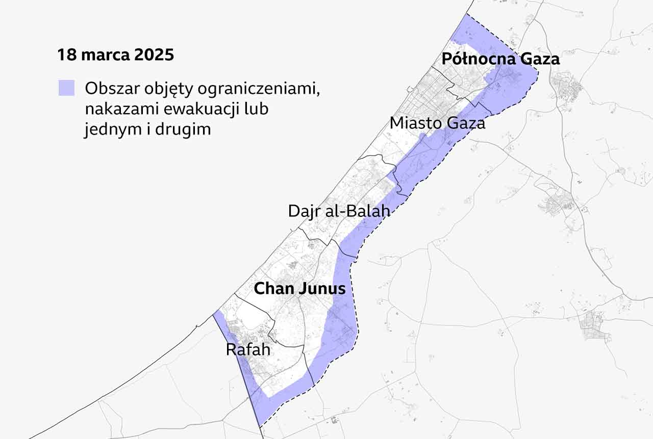 Mapa Strefy Gazy z 18 marca 2025 r., przedstawiająca obszary objęte ograniczeniami i nakazami ewakuacji. Zaznaczone miasta to: Północna Gaza, Miasto Gaza, Dajr al-Balah, Chan Junus i Rafah. Kolor fioletowy oznacza obszary objęte ograniczeniami lub nakazami ewakuacji wzdłuż granicy z Izraelem i Egiptem.