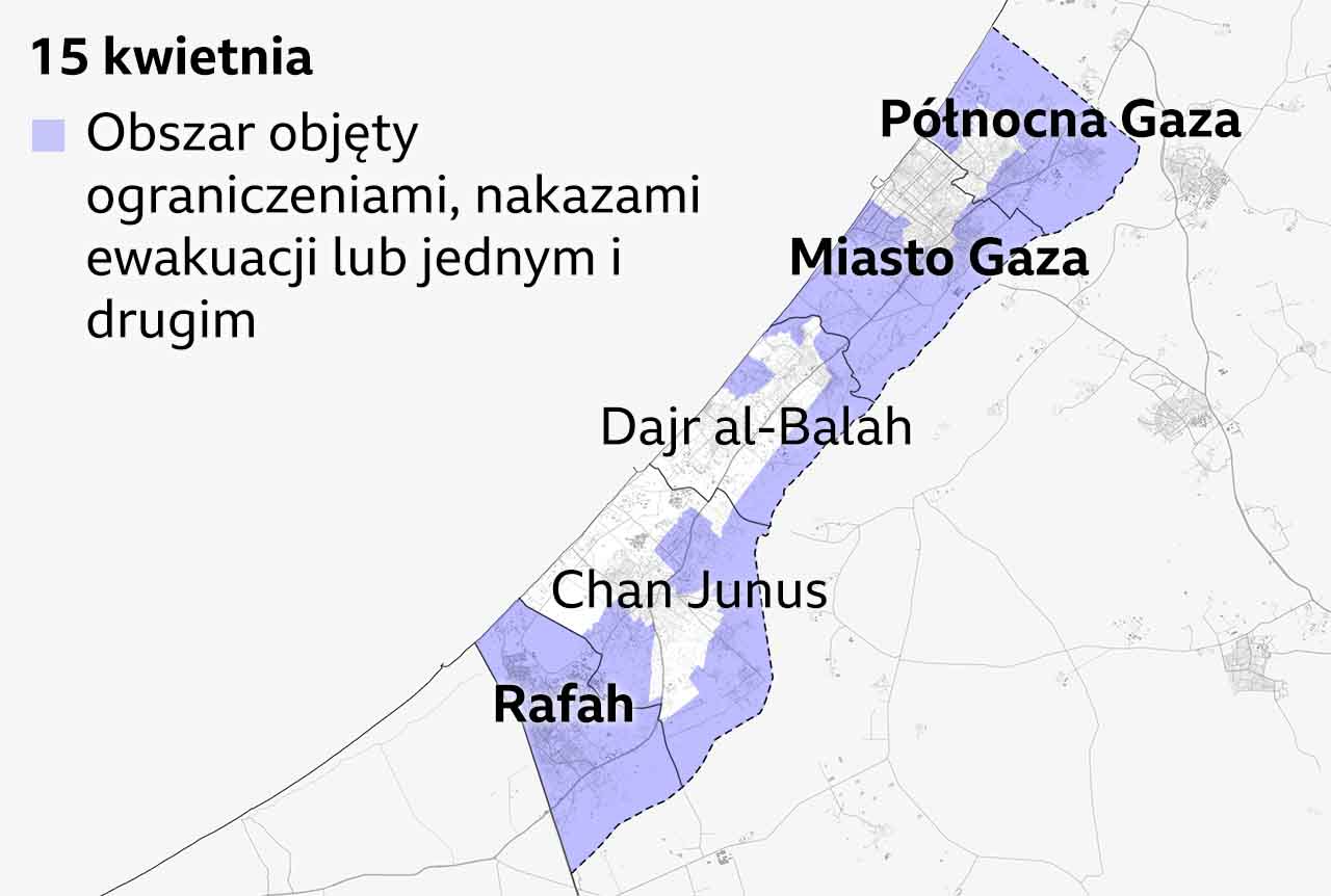 Mapa Strefy Gazy z 15 kwietnia 2025 r., zaznaczona na fioletowo obszarami objętymi ograniczeniami i nakazami ewakuacji. Etykiety wskazują na prowincje: północną Strefę Gazy, miasto Gaza na północy, które są niemal całkowicie objęte nakazami, oraz Rafah na południu, która jest całkowicie objęta nakazami.