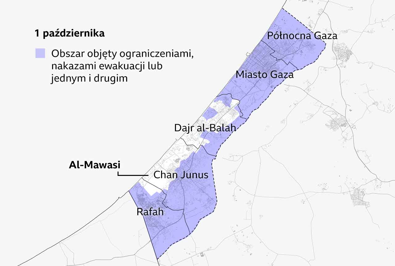 Mapa Strefy Gazy z 1 października 2025 r., zaznaczona na fioletowo obszarami objętymi ograniczeniami i nakazami ewakuacji. Obejmuje całą północną część Strefy Gazy i prowincje miasta Gaza, a także prawie cały obszar Rafah oraz zachód od Chan Junus i Dajr al-Balah. Obszar Al-Mawasi w południowo-wschodniej części Strefy Gazy jest zaznaczony cienkim pasem nieobjętym izraelskimi ograniczeniami.