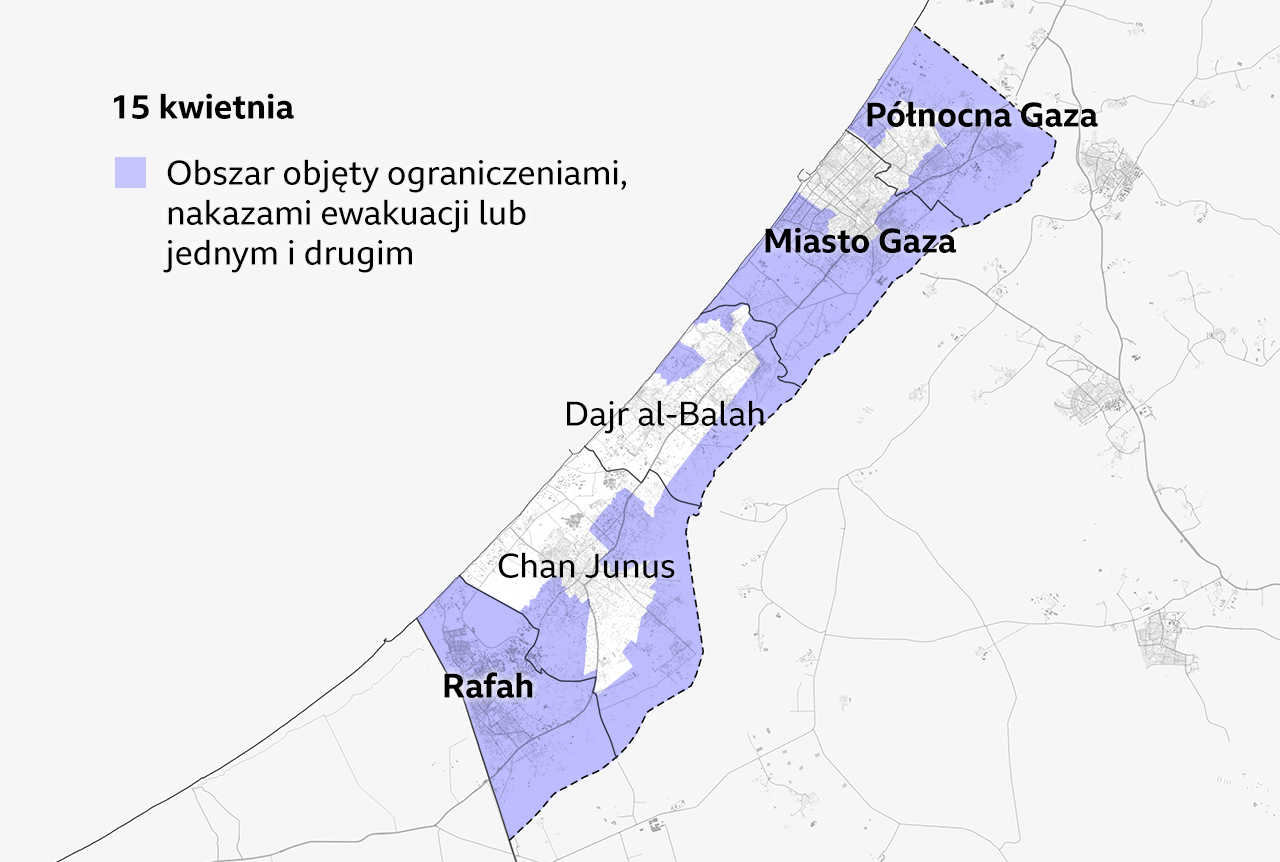 Mapa Strefy Gazy z 15 kwietnia 2025 r., zaznaczona na fioletowo obszarami objętymi ograniczeniami i nakazami ewakuacji. Etykiety wskazują na prowincje: północną Strefę Gazy, miasto Gaza na północy, które są niemal całkowicie objęte nakazami, oraz Rafah na południu, która jest całkowicie objęta nakazami.