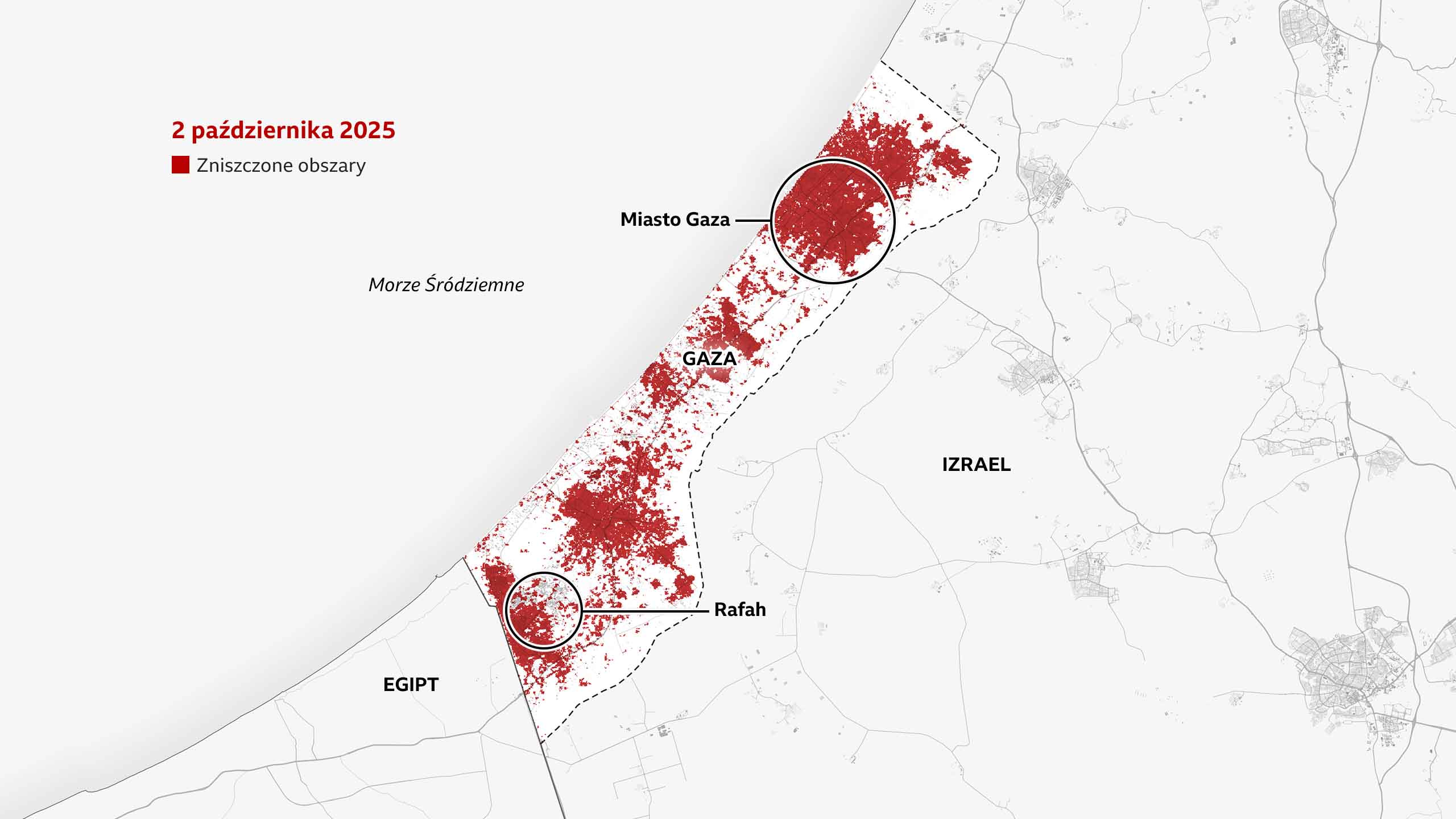 Mapa z 2 października 2025 r. zaznacza obszar Rafah na południu, gdzie zniszczenia uległy pogłębieniu.