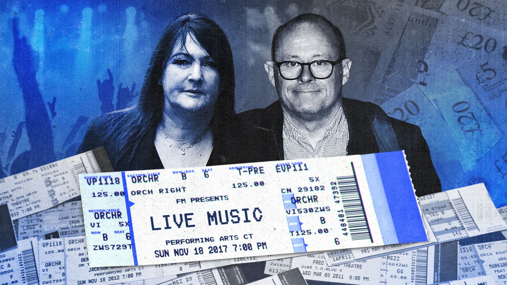A composite graphic with two people at the centre - Maria Chenery-Woods, a white woman with long dark hair wearing a dark suit, and Peter Hunter, a bald white man with dark-rimmed glasses, wearing a dark jacket and a striped shirt. Behind them, images of fans at a concert and cash are blended together, while in the foreground is a pile of mocked-up tickets.