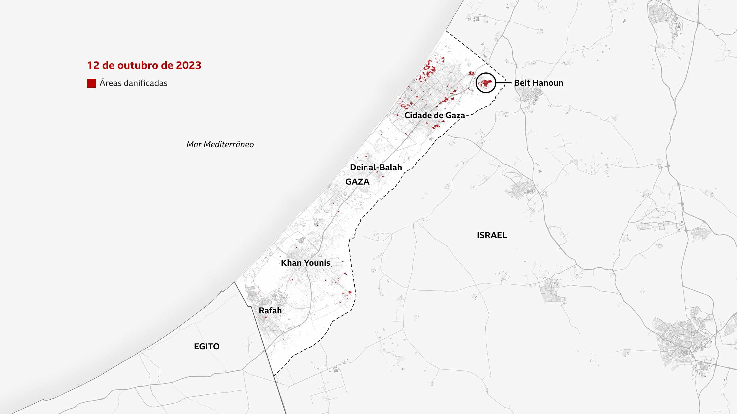 Mapa de Gaza em 12 de outubro de 2023, mostrando as áreas danificadas em vermelho. Ele destaca um grande trecho em vermelho como sendo Beit Hanoun, perto da fronteira com Israel ao norte. Trechos vermelhos menores podem ser observados ao longo da Cidade de Gaza e do norte de Gaza, com pontos ainda menores ao sul.