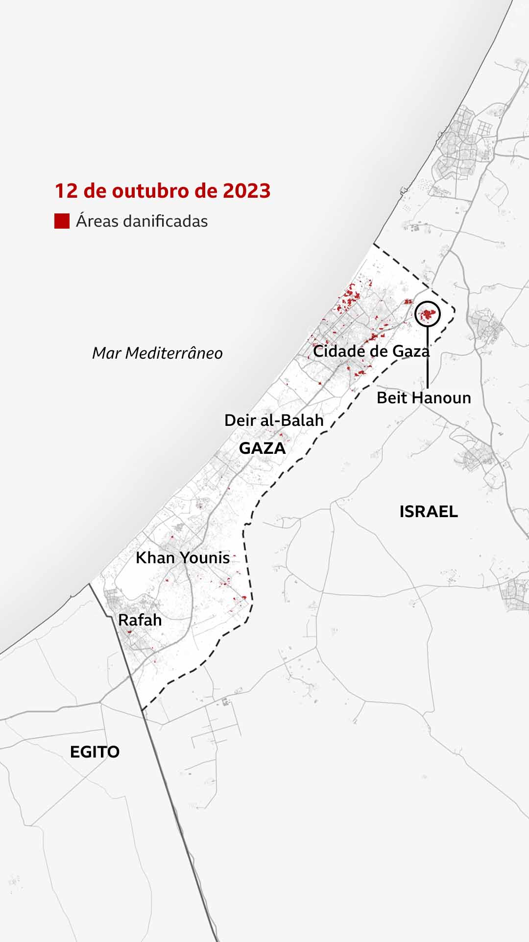 Mapa de Gaza em 12 de outubro de 2023, mostrando as áreas danificadas em vermelho. Ele destaca um grande trecho em vermelho como sendo Beit Hanoun, perto da fronteira com Israel ao norte. Trechos vermelhos menores podem ser observados ao longo da Cidade de Gaza e do norte de Gaza, com pontos ainda menores ao sul.