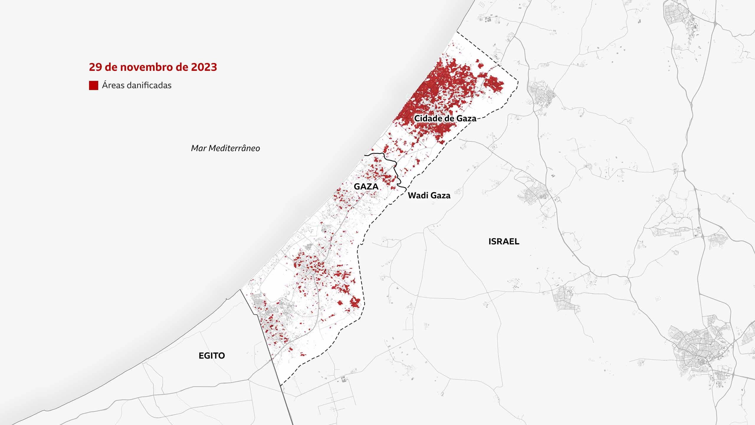 Mapa de 29 de novembro de 2023 mostra que as áreas danificadas em vermelho se espalharam e, agora, cobrem a maior parte da Cidade de Gaza e do norte da Faixa de Gaza. Elas também se espalham para o sul. É indicado o rio Wadi Gaza, que corta o território ao sul da Cidade de Gaza.