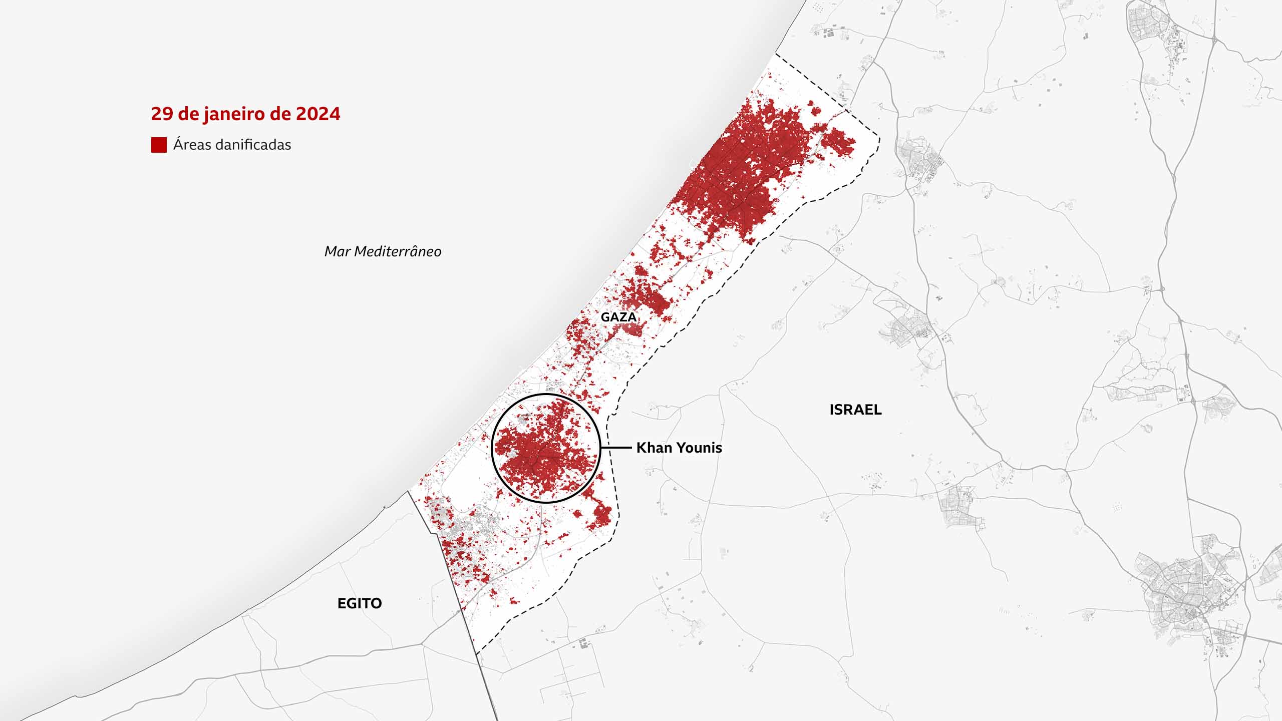 Mapa de 29 de janeiro de 2024 destaca Khan Younis, no sul de Gaza, claramente marcada em vermelho, indicando destruição. A Cidade de Gaza e o centro da Faixa de Gaza também sofreram sérios danos.