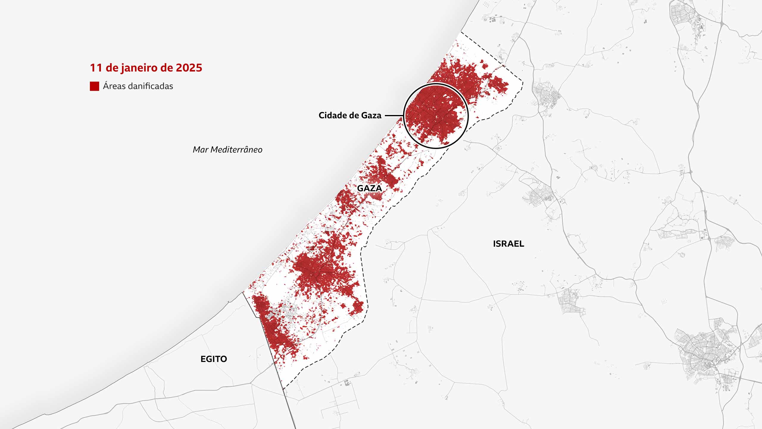 Mapa de 11 de janeiro de 2025 destaca a Cidade de Gaza, agora, quase totalmente vermelha.
