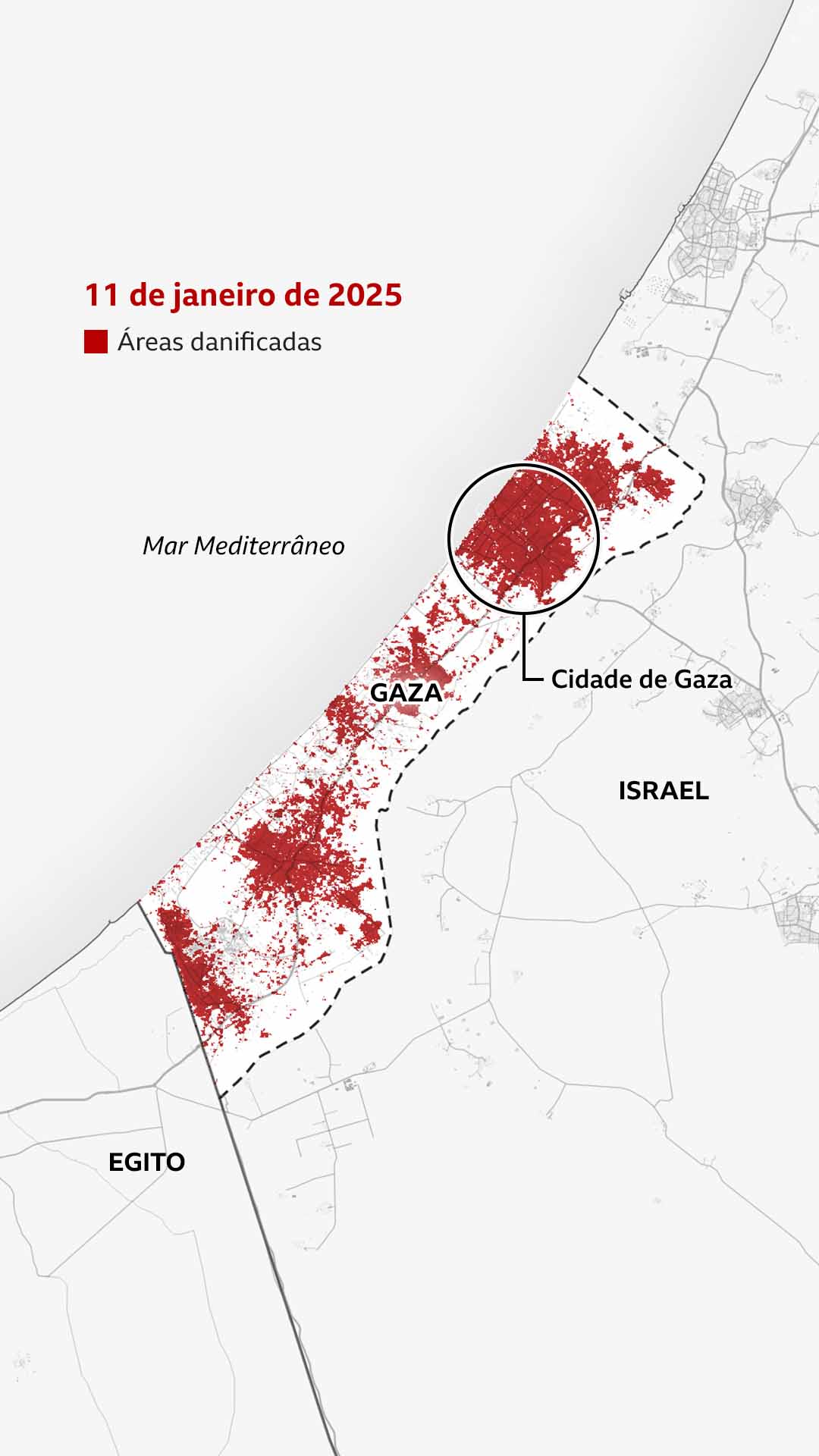 Mapa de 11 de janeiro de 2025 destaca a Cidade de Gaza, agora, quase totalmente vermelha.
