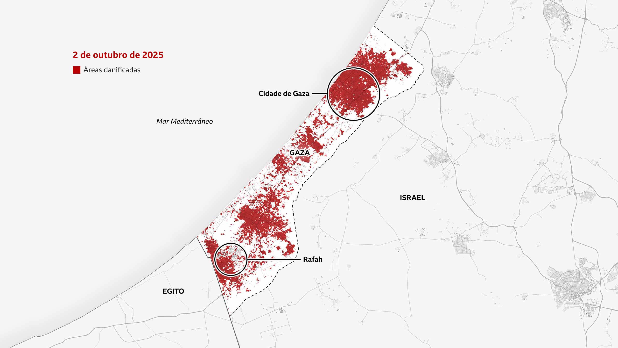 Mapa de 19 de agosto de 2025 destaca uma área de Rafah, no sul de Gaza, onde os danos se intensificaram.