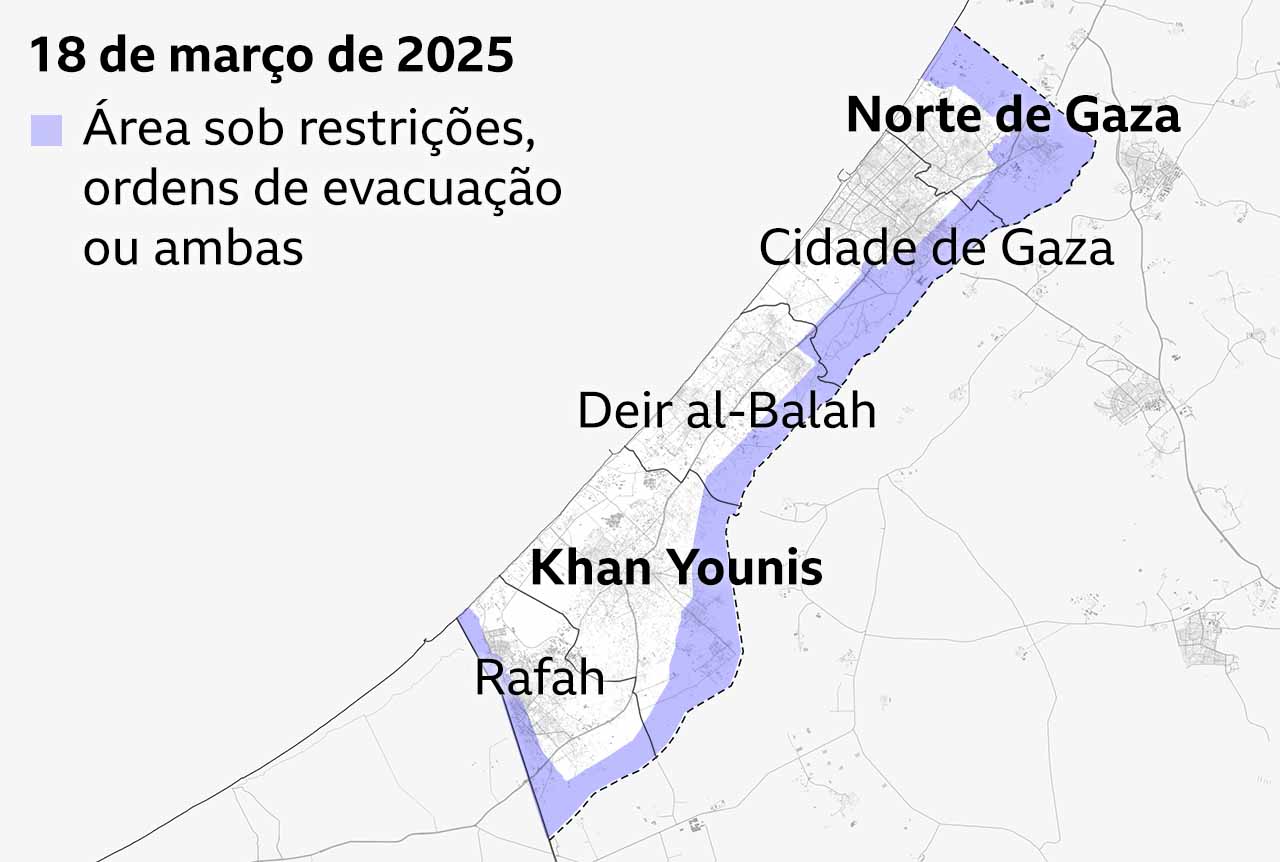 Mapa da Faixa de Gaza em 18 de março de 2025, mostrando áreas sob ordens de restrição e evacuação. As cidades marcadas incluem o Norte de Gaza, a Cidade de Gaza, Deir al-Balah, Khan Younis e Rafah. A cor roxa indica áreas cobertas por restrições ou ordens de evacuação ao longo da fronteira com Israel e o Egito.