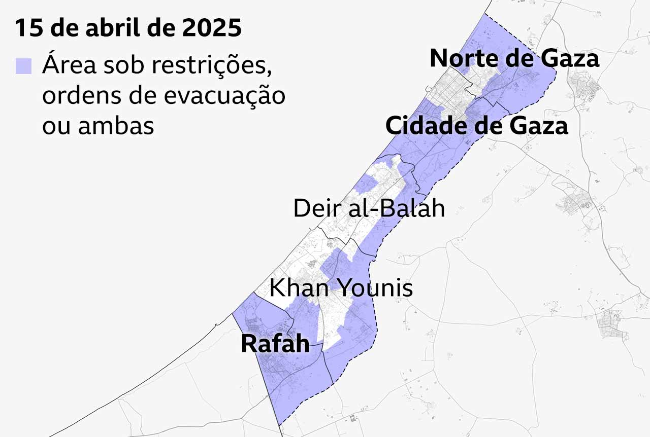 Mapa da Faixa de Gaza de 15 de abril de 2025, mostrando as áreas sob ordens de restrição e evacuação em roxo. Suas divisões mostram os distritos do Norte de Gaza e da Cidade de Gaza, no norte, quase totalmente cobertos pelas ordens de Israel, e Rafah, no sul, totalmente coberto.