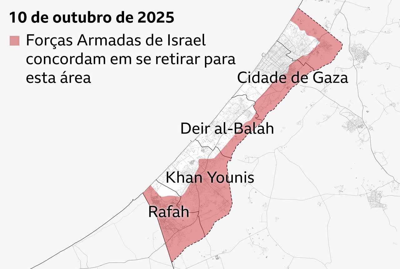 Mapa da Faixa de Gaza com data de 10 de outubro de 2025, mostrando a área em Gaza para onde as forças israelenses concordaram em se retirar inicialmente, como parte do acordo de paz. A área é uma larga zona-tampão em torno da fronteira interna da Faixa de Gaza, com uma grande parte de Rafah e Khan Younis
